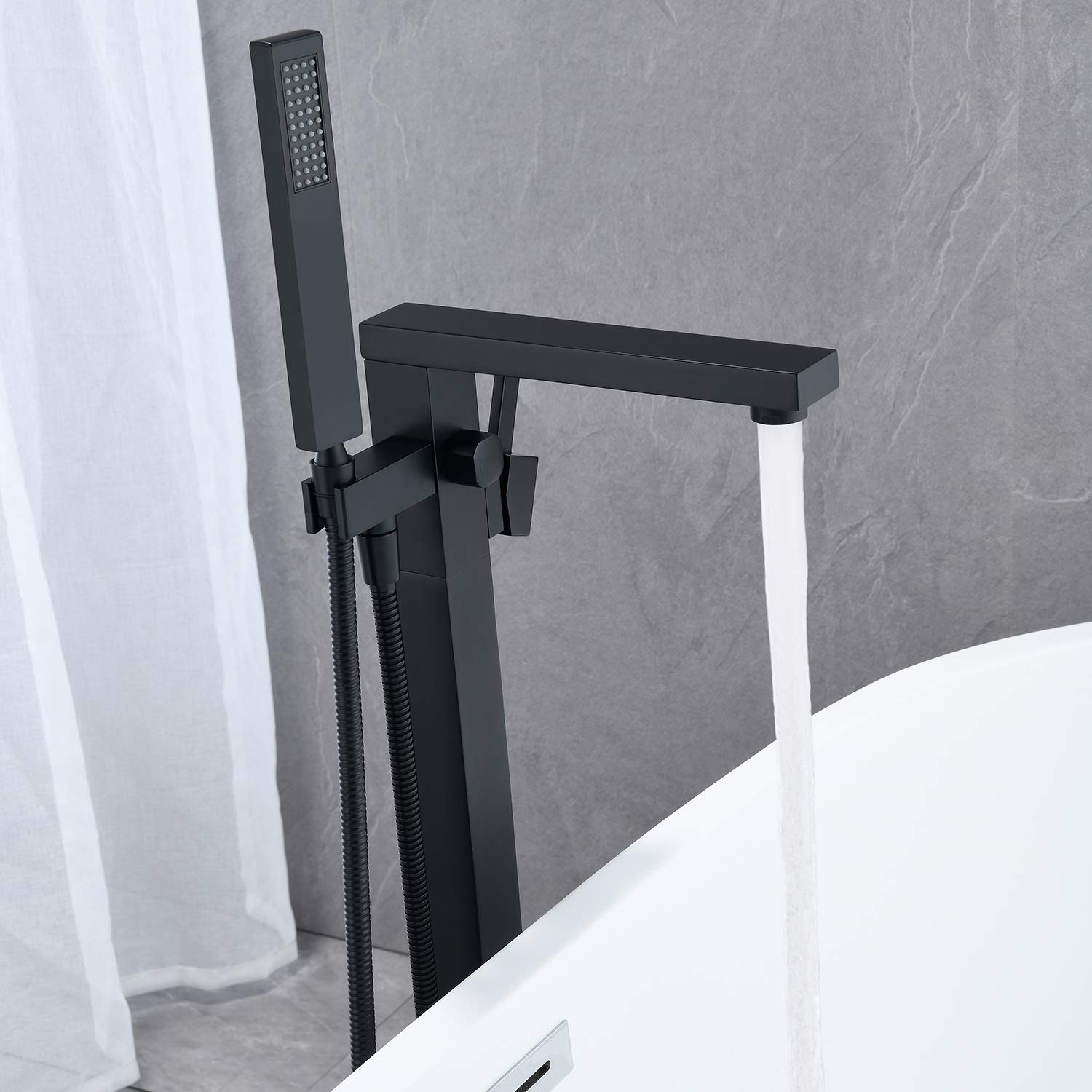 Freestanding Bathtub Faucet - Black Floor Mount Brass Tub Filler with Hand Shower | Single Handle Bathroom Faucet for Modern & Luxury Bathrooms | Perfect for Spa, Master Bath & Freestanding Tubs