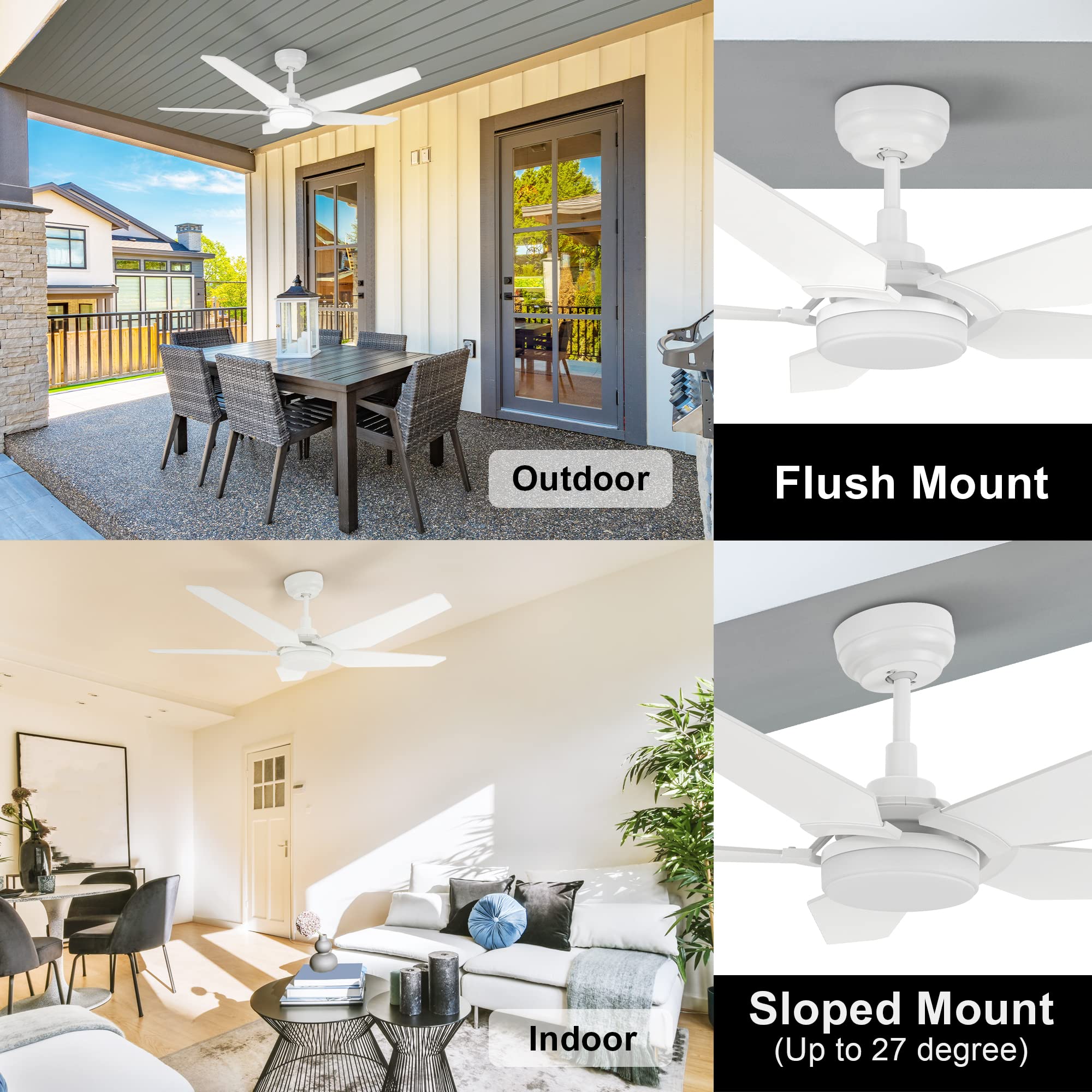 SMAAIR 52 inch Smart Ceiling Fan with Light - 5 Blade Low Profile Flush Mount Fan, 10 Speed Quiet DC Motor & Dimmable LED Light, APP/Alexa/Google Assistant/Siri Voice Control (White) - Perfect for Bedroom, Living Room, Kitchen and Office Spaces