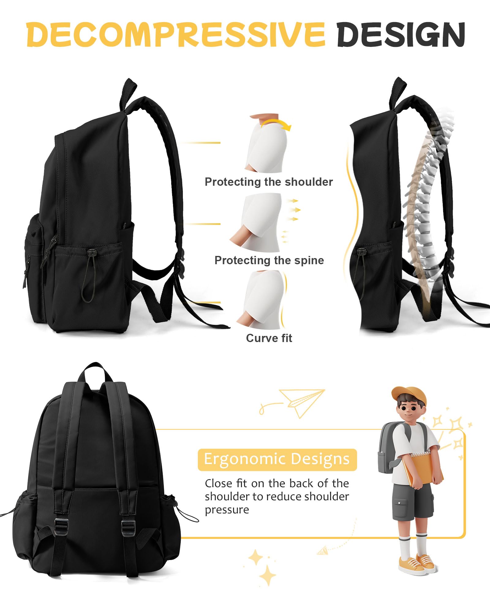 Stylish Black Waterproof Backpack for Women & Men - Lightweight School Bookbag for High School & College Students, Travel Daypack, Casual Rucksack - Perfect for Daily Commute, Campus Life & Outdoor Adventures