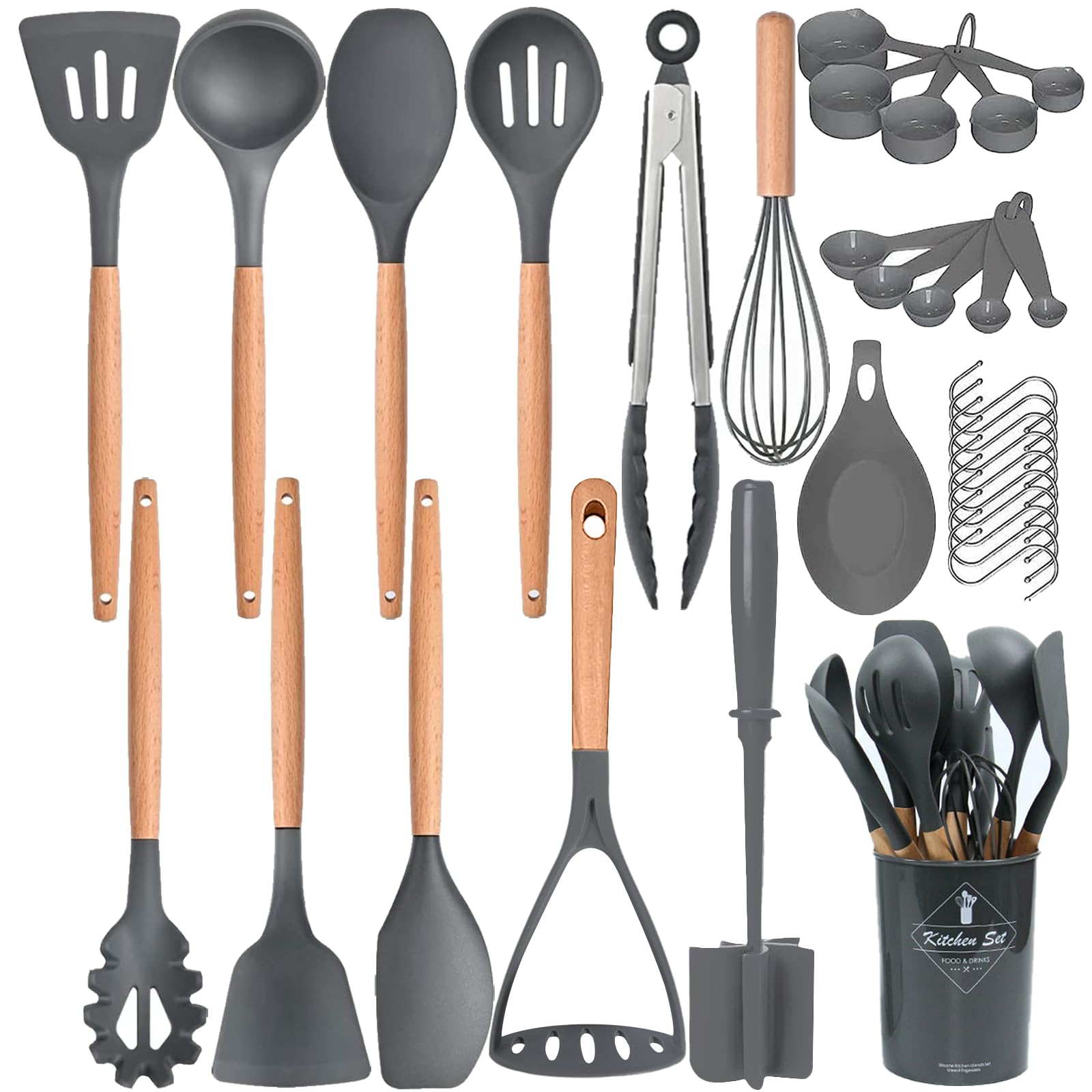 33-Piece Non-Stick Silicone Kitchen Utensil Set with Wooden Handles & Holder - BPA Free, Heat Resistant up to 446°F - Perfect for Cooking, Baking, and Serving - Ideal for Home Chefs & Professional Kitchens