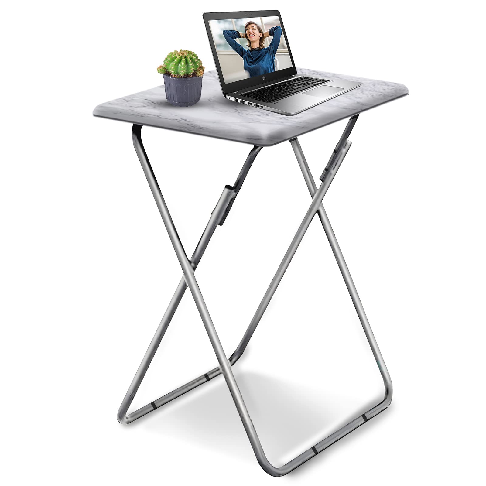 Foldable TV Tray Table - 15 x 18.9 x 26 Inch Sturdy Snack Eating Tray with No Assembly Required, White Marble Finish - Perfect for Living Room, Bedroom, Office or Outdoor Use
