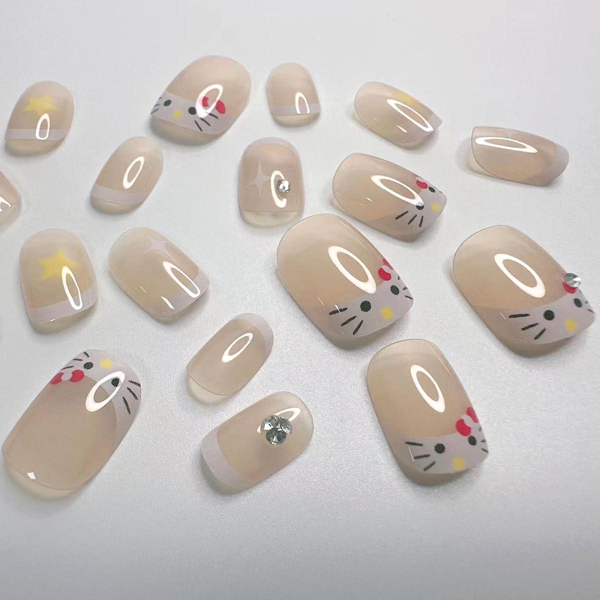 24Pcs Short Square French Tip Press on Nails with Rhinestone Star Designs - White Acrylic Fake Nails for Women & Girls - Perfect for Parties, Weddings, and Everyday Nail Art Decorations