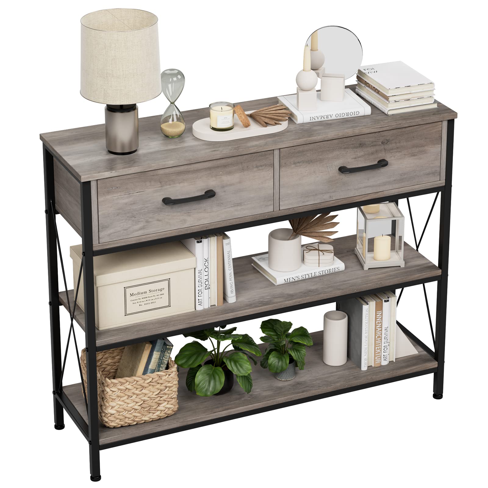 HITHOS Industrial Console Table with Drawers - Vintage Entryway Table with Storage Shelves, Narrow Long Sofa Table for Living Room, Hallway & Foyer - Grey - Perfect for Small Spaces, Apartment Decor & Modern Farmhouse Style