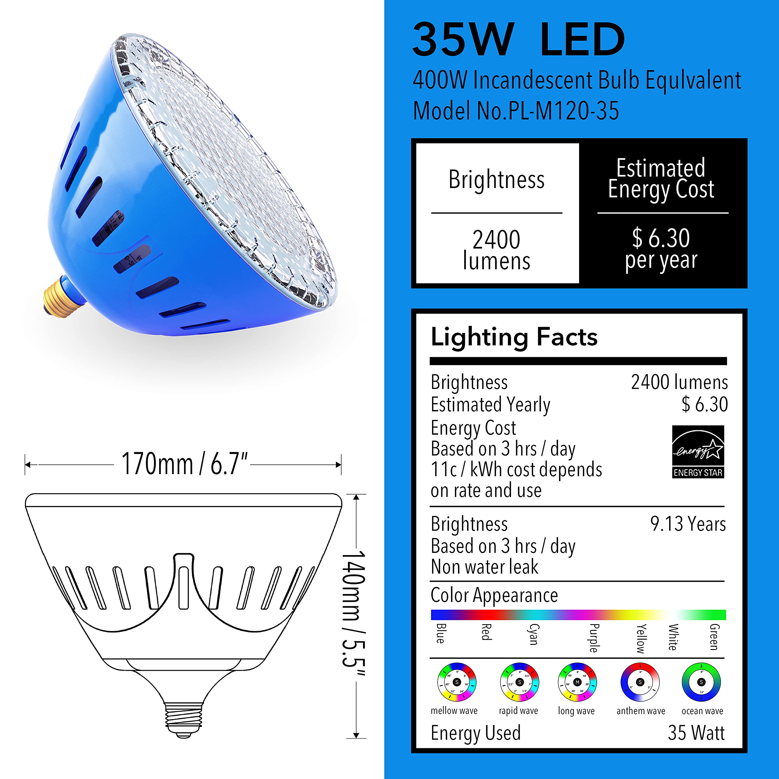 LAMPAOUS RGB Multi-Color LED Pool Light Bulb - 35W E26 Base PAR56 Underwater Swimming Pool Light Replacement (120VAC) for Inground & Above Ground Pools, Spas, and Water Features