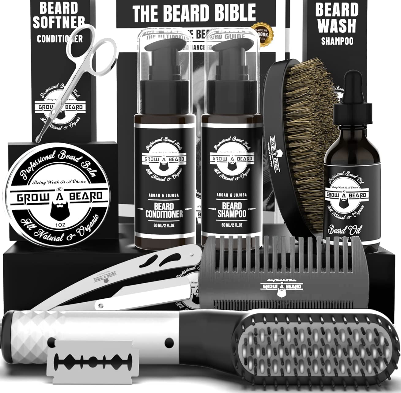 Professional Beard Straightener & Grooming Kit for Men - Natural Beard Growth Oil, Wash, Brush, Comb, Balm, Conditioner, Razor & Scissors Set - Unscented & All Natural - Perfect Gift for Men & Beard Care Routine