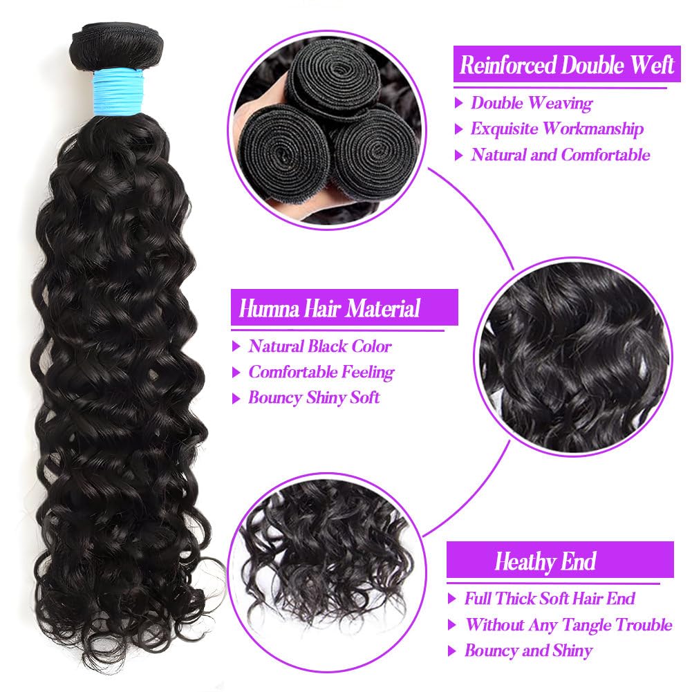 100% Unprocessed Brazilian Human Hair Bundles - Water Wave 18 20 22 24 Inch - 12A Grade Wet & Wavy Natural Color Hair Extensions for Styling, Weaves & Protective Hairstyles