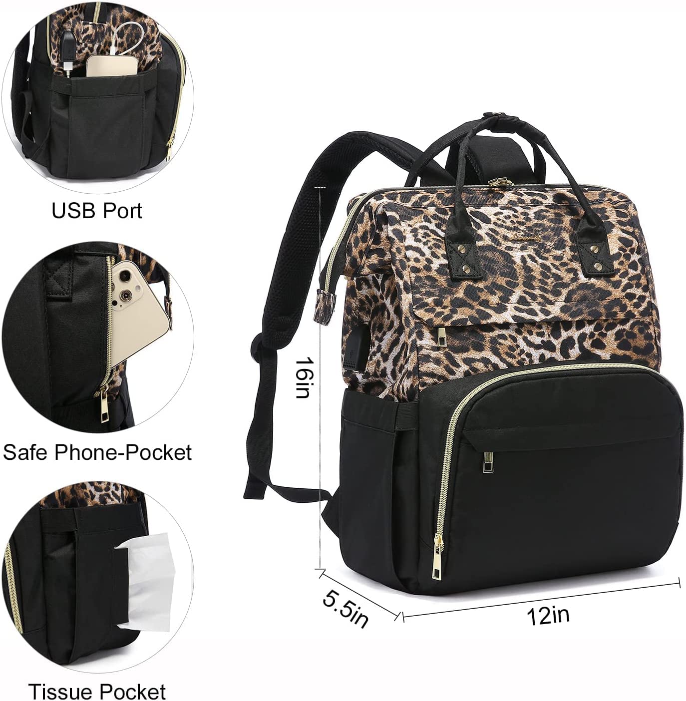 LOVEVOOK 15.6 Inch Waterproof Anti-Theft Laptop Backpack for Women - College Travel Work Backpack with USB Charging Port, Perfect for Students, Teachers & Nurses - Stylish Leopard Print Design for School, Office & Commuting