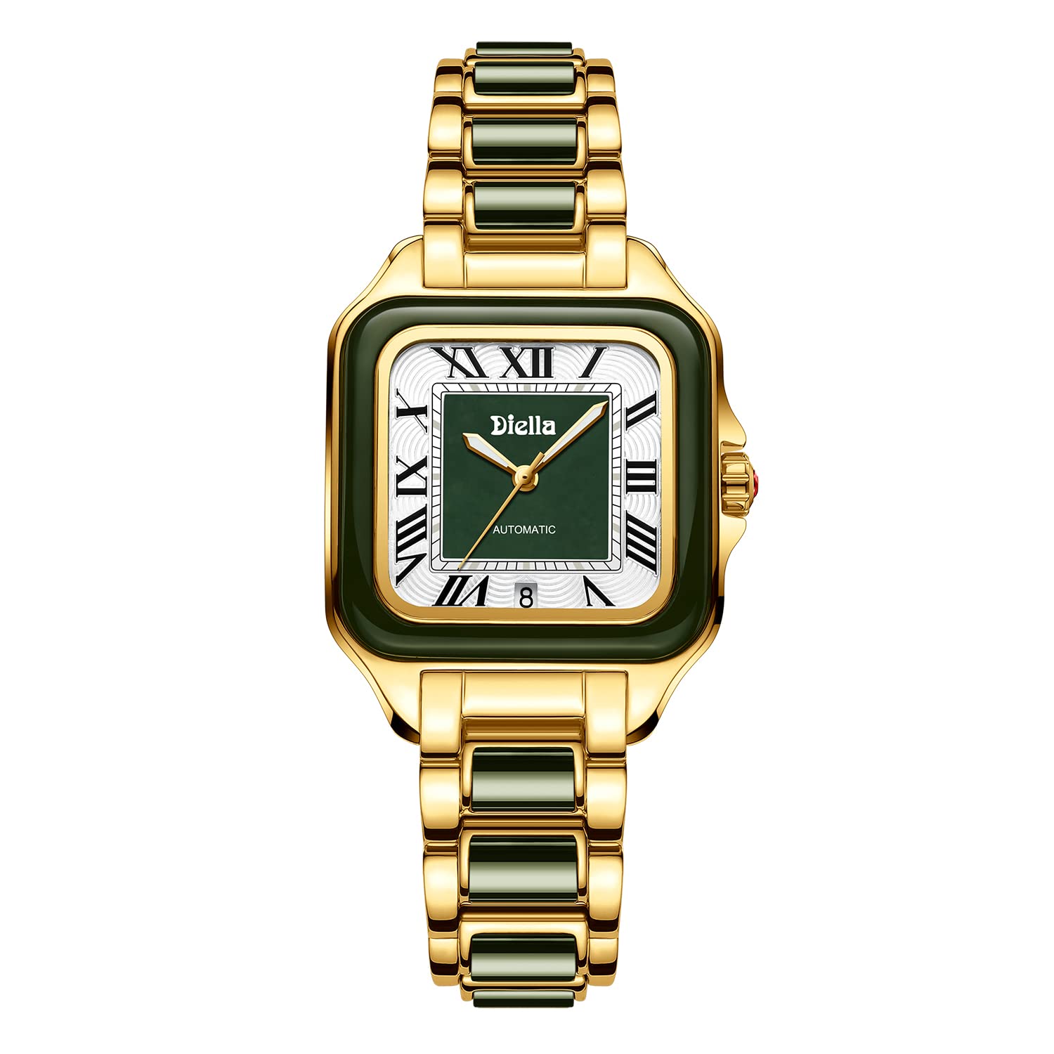 Diella Rectangle Automatic Wrist Watch for Men & Women - Luxury Jade Dial, Stainless Steel Band, Water Resistant | Perfect for Business, Formal Events & Everyday Wear
