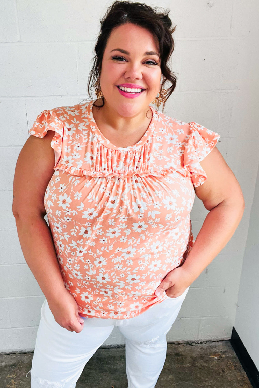 Peach Floral Print Frilled Short Sleeve Yoke Top for Women | Summer Blouse | Casual & Party Wear