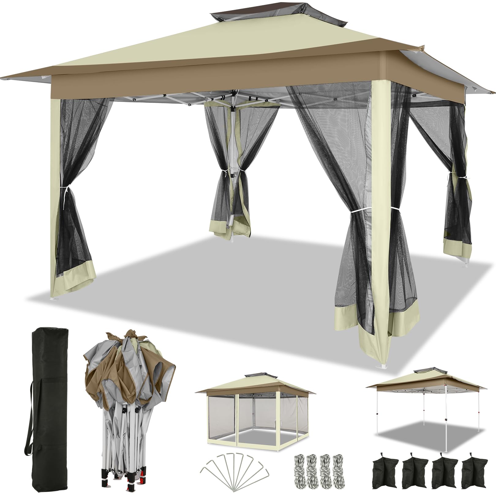COBIZI 12x12 Pop Up Gazebo with Mosquito Net - Outdoor Canopy Tent with Sandbags, 4 Ropes & 8 Stakes - Portable Carrying Bag Included - Perfect for Backyard, Garden, Patio, Camping & Beach Parties (Khaki)