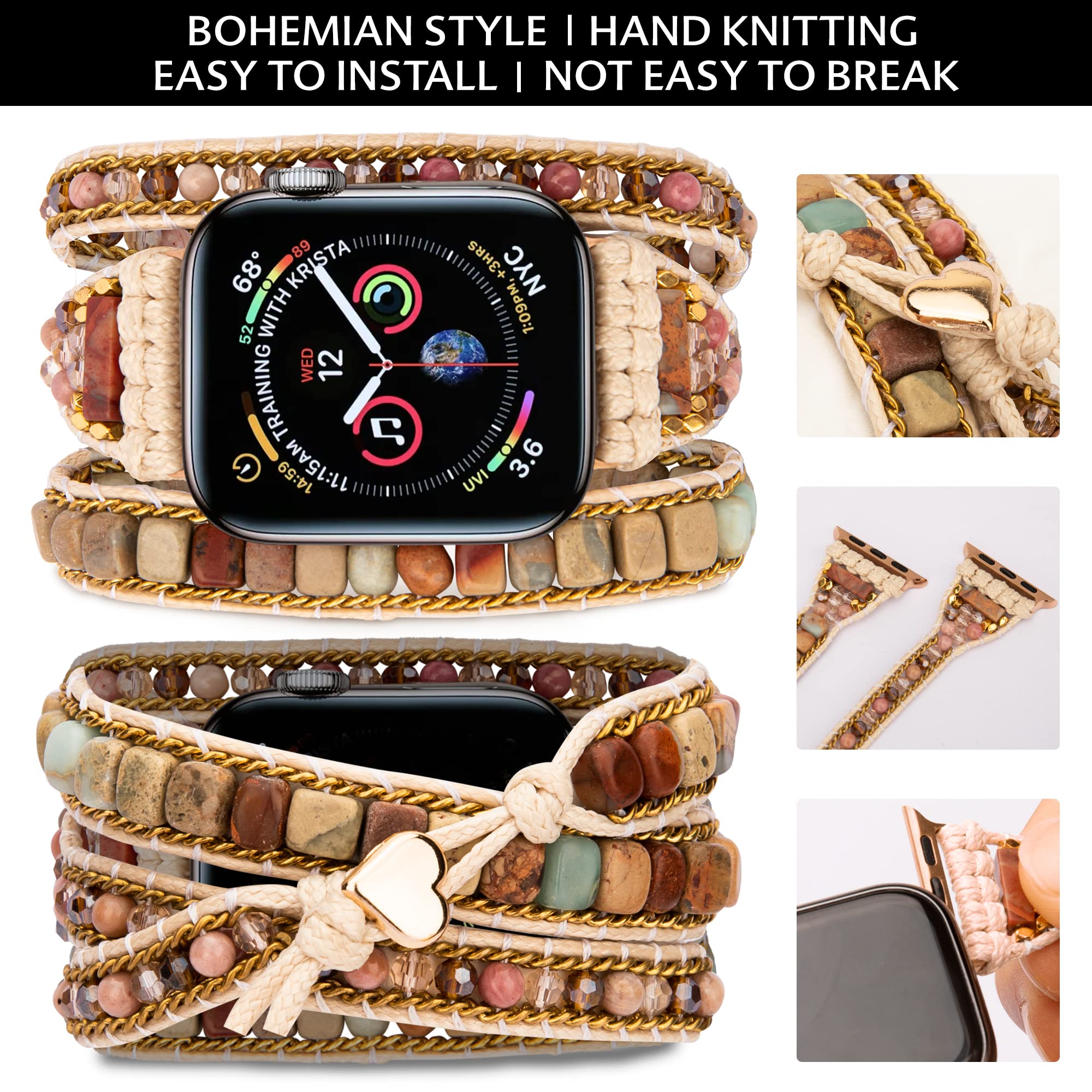 Handmade Boho Leather Watch Band for Apple Watch Series 8/7/6/5/4/3/2/1/SE (42/44/45mm) - Mahogany Grain Strap for Women & Men, Perfect for Casual, Office & Outdoor Activities