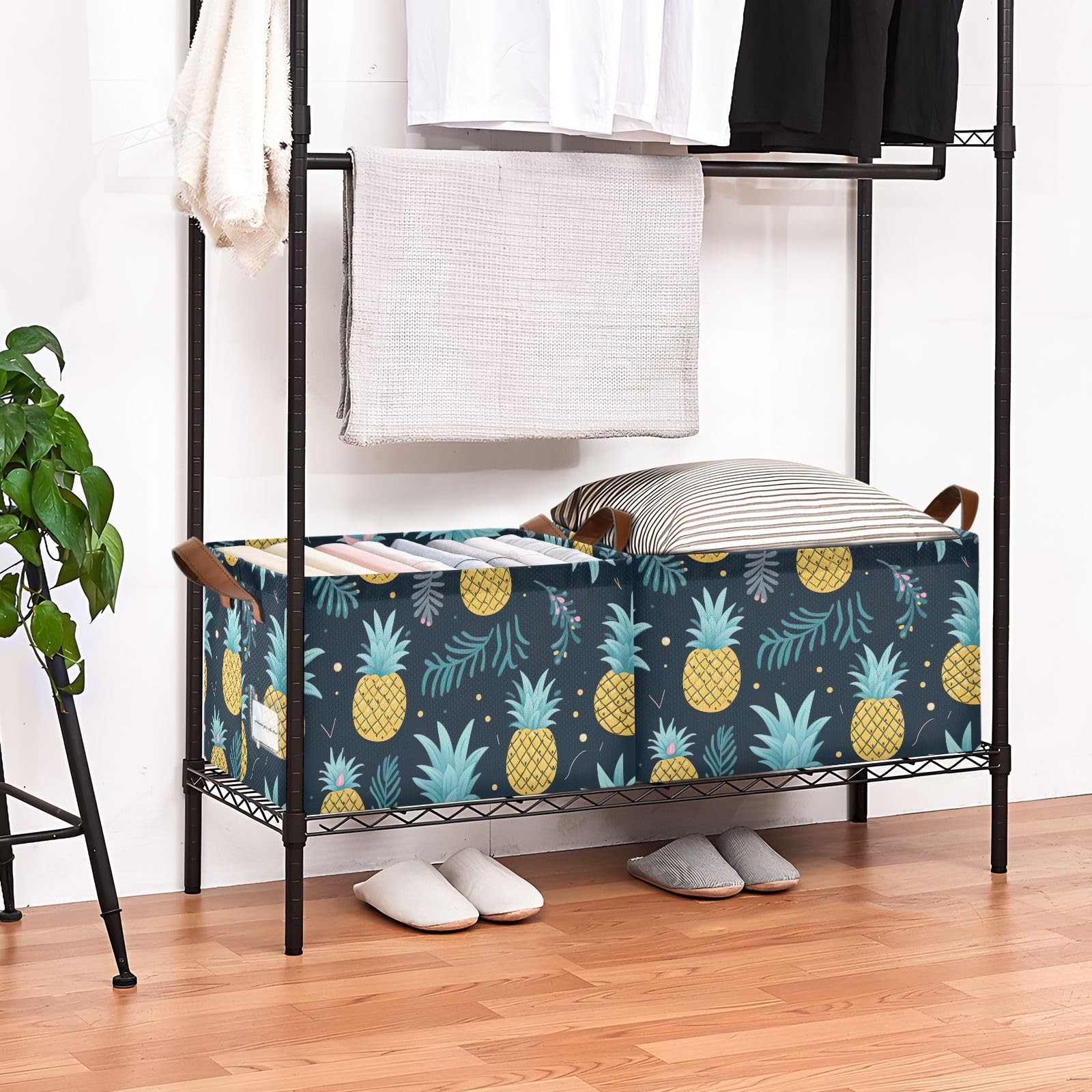 Foldable Storage Bins with Handles - 2 Pack Pineapple Tropical Design Collapsible Shelves & Baskets (16.9