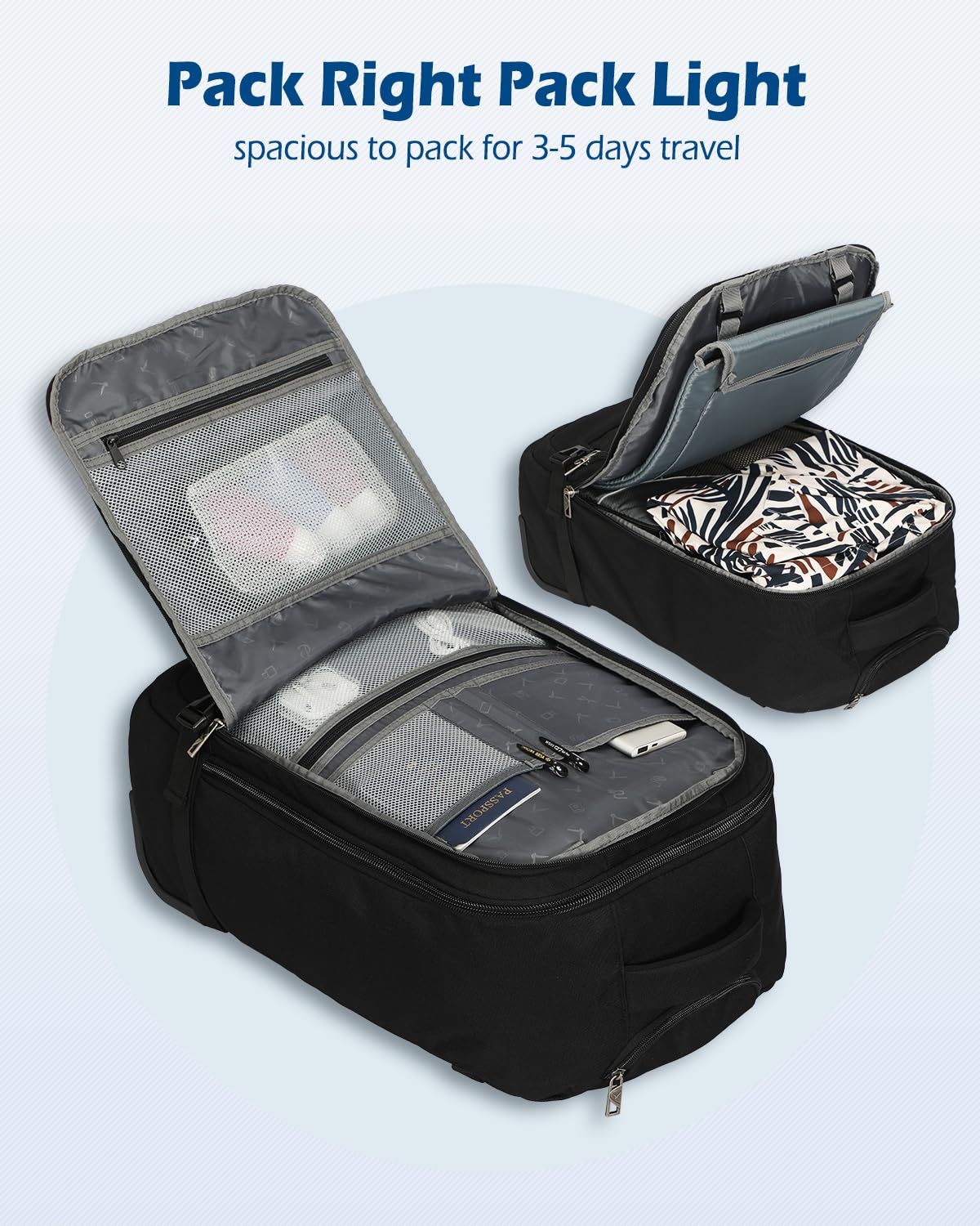 Hynes Eagle 42L Rolling Backpack with Wheels - Airline Approved Carry On Luggage, Laptop Travel Suitcase for Men & Women (Black, 2024 Model) | Perfect for Business Trips, College Students & Airport Travel