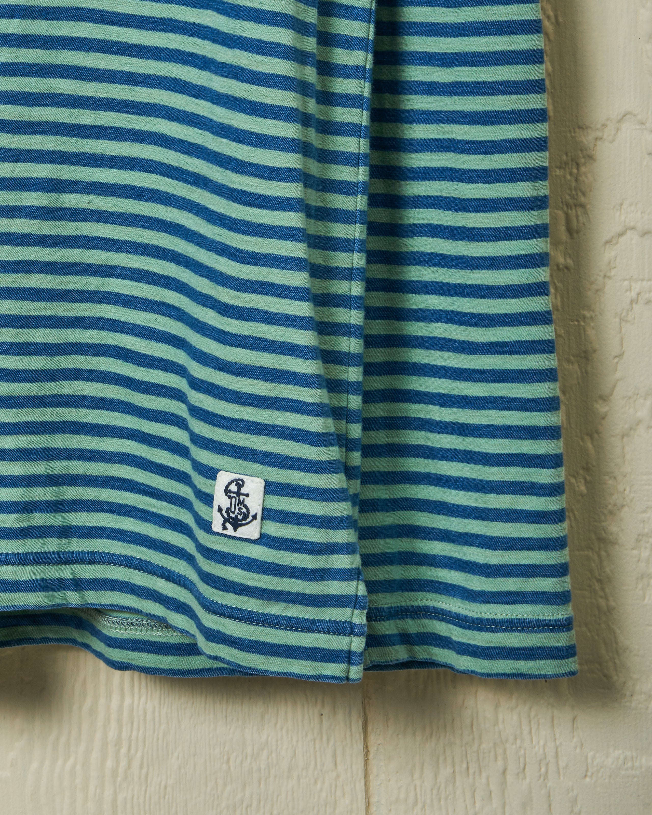 Long Sleeve Indigo Polo Shirt for Men - Faded Spruce & Navy Striped Casual Wear | Perfect for Office, Golf & Outdoor Activities