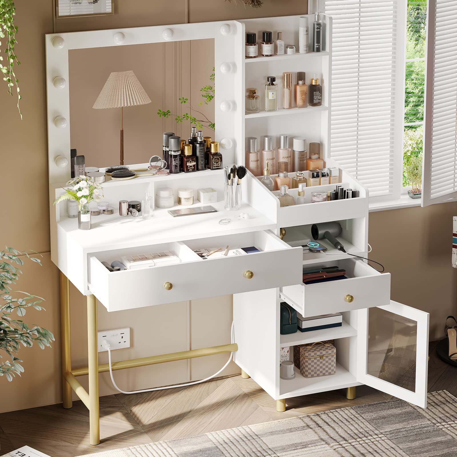 VIAGDO White Vanity Desk with Mirror and LED Lights - Makeup Dressing Table with USB Charging Station, 3 Storage Compartments & Drawers - Bedroom Vanity Desk for Women with Open Shelves - Perfect for Makeup Organization, Skincare Routine and Small Space Bedrooms