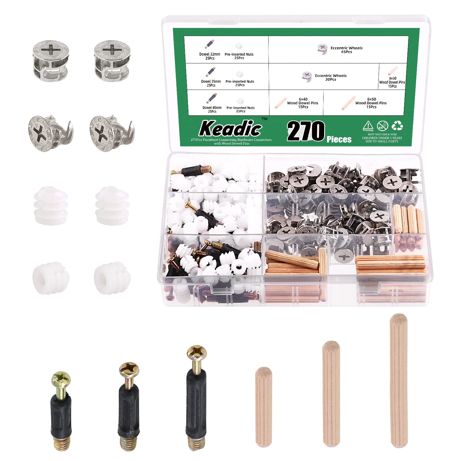 Keadic 270-Piece 3-in-1 Cam Lock Nuts & Wood Dowel Pins Assortment Kit - Silver Furniture Fasteners for Cabinet, Drawer, Dresser, Wardrobe Assembly - DIY Woodworking & Furniture Repair Connectors
