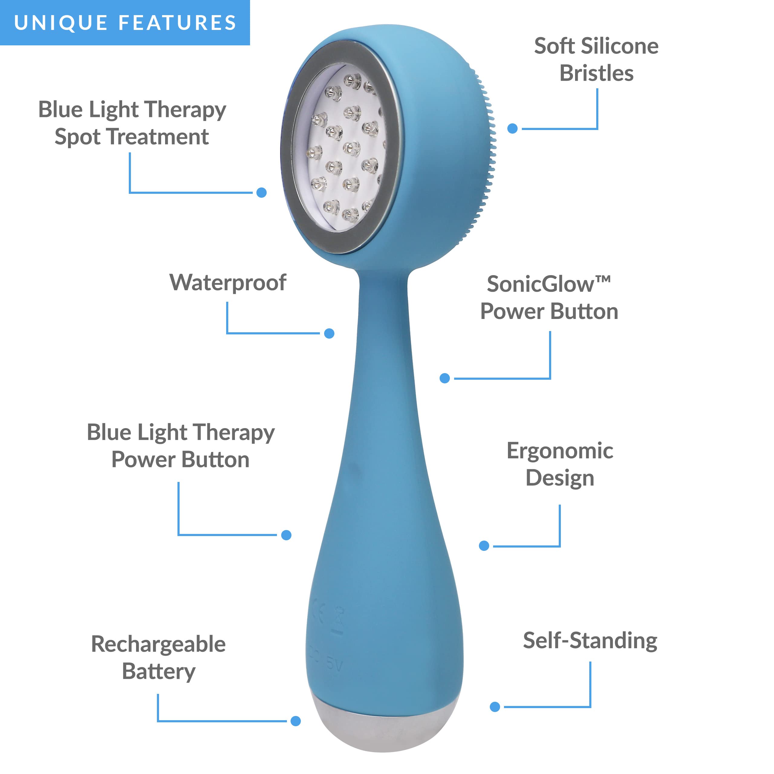 PMD Clean Acne Smart Facial Cleansing Device - Waterproof Silicone Brush with Blue Light Therapy for Acne Treatment | SonicGlow Vibration Technology to Clear Pores, Blackheads & Blemishes | Perfect for Daily Skincare Routine & Travel-Friendly Beauty Device