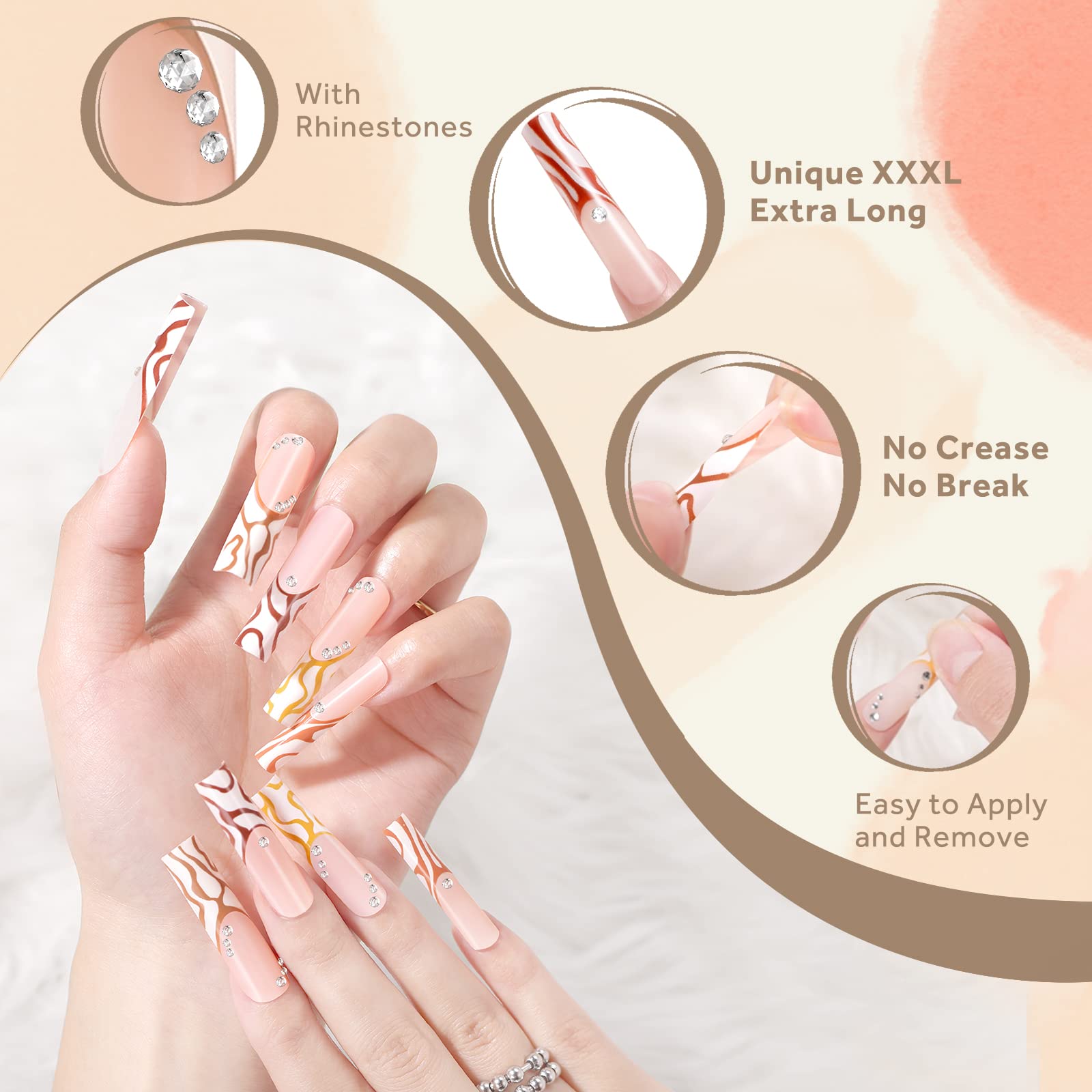 Funtopia 24-Piece French Press On Nails - 4cm Long Square Fake Nails with Elegant Wave Designs & Rhinestones, Natural Nude Acrylic Full Cover Glue On Artificial Nails for Women & Girls - Perfect for Parties, Weddings & Special Occasions