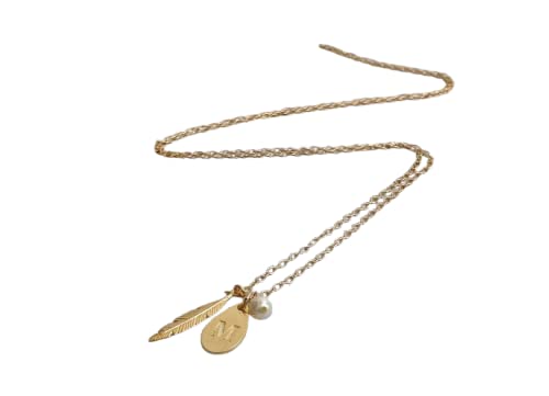 Personalized Initial Necklace with Pearl & Feather Pendant - 14K Gold Jewelry for Women - Perfect Gift for Birthday, Anniversary & Valentine's Day