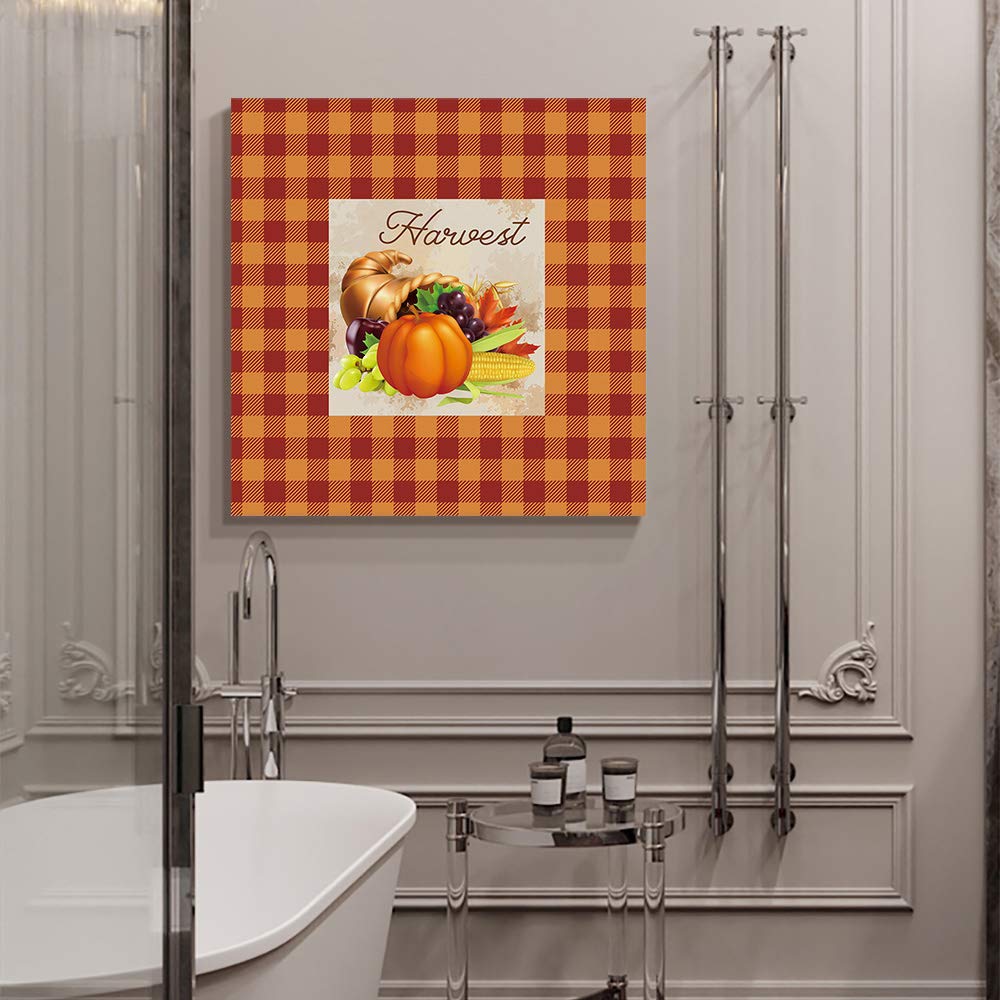 Thanksgiving Pumpkin Cornucopia Orange Buffalo Plaid Wall Art Canvas Prints - Stretched Framed Farmhouse Decor for Living Room, Bedroom, Kitchen | Harvest Season Oil Painting 28x28 Inch - Perfect for Autumn Home Decor & Holiday Gift Giving