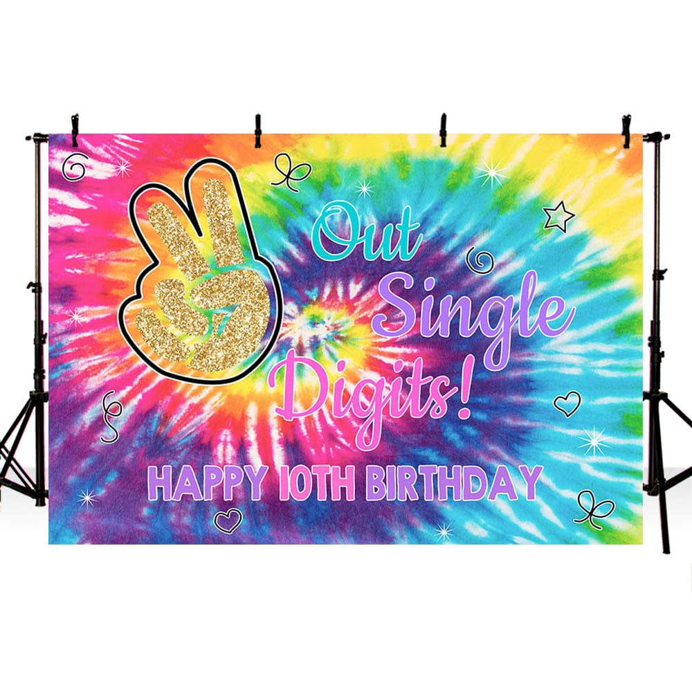 7x5ft Rainbow Tie Dye Happy 10th Birthday Backdrop - Single Digits I'm 10 Photography Background for Birthday Girl Party Decorations (CQ331) | Perfect for Birthday Photos, Party Decor, and Social Media Backdrops