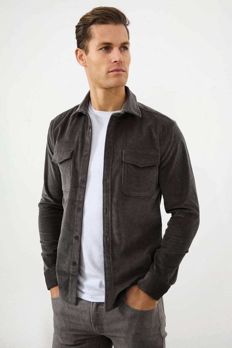 Men's Charcoal Cotton Blend Cord Overshirt - Casual Button-Up Shacket for Fall & Winter Layering | Perfect for Outdoor Adventures, Work & Everyday Wear
