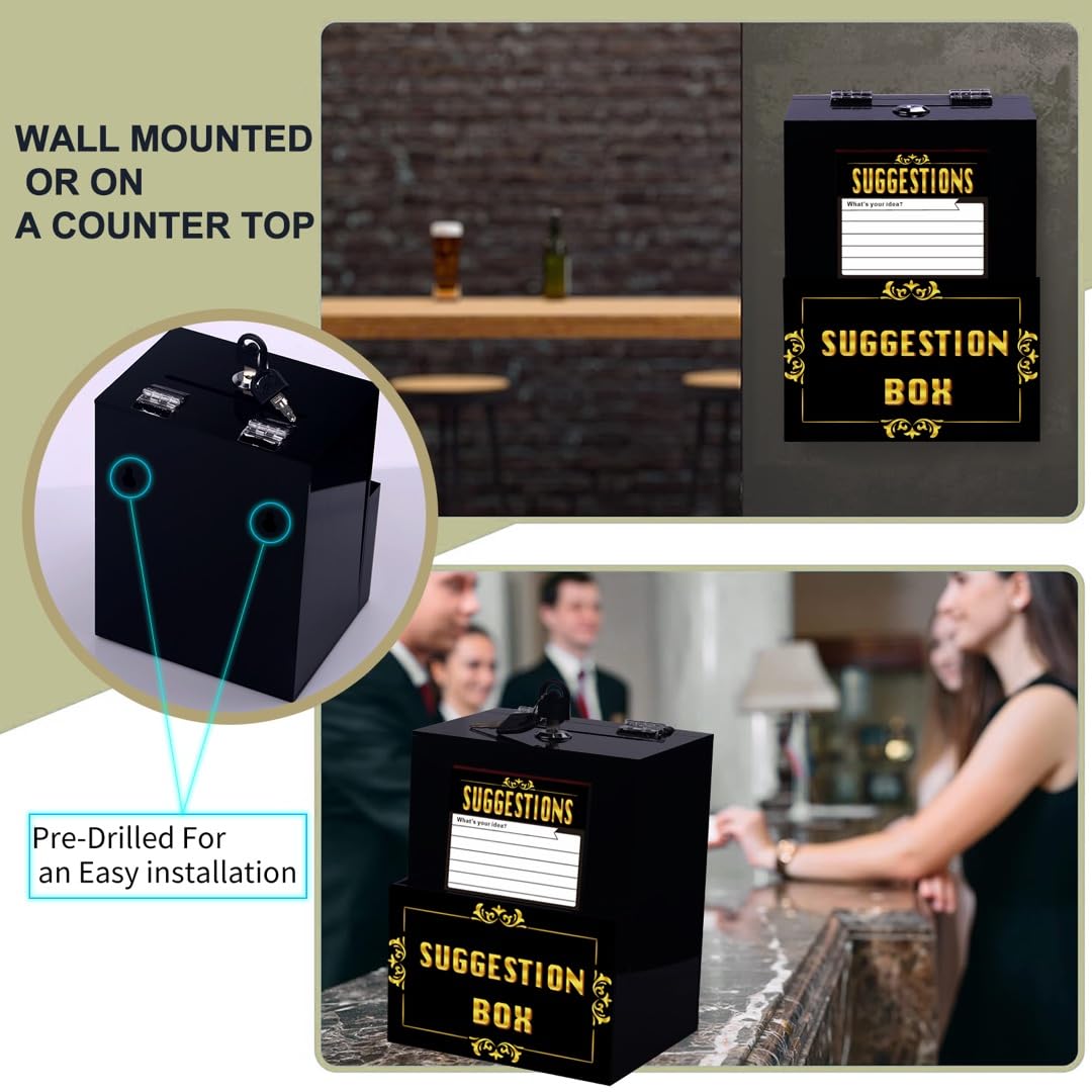 Wall Mounted Acrylic Comment Box with Lock & Cash Pocket - Secure Drop Box for Tips, Donations & Payments (Includes 45 Free Cards) - Perfect for Restaurants, Retail Stores & Offices