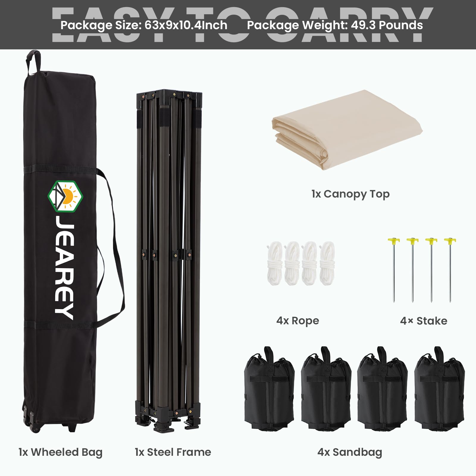JEAREY Upgraded 10x10 Pop Up Canopy Tent - Heavy Duty Outdoor Canopy with Roller Bag & 4 Sand Bags, Beige - Perfect for Beach, Camping, Picnics, and Outdoor Events