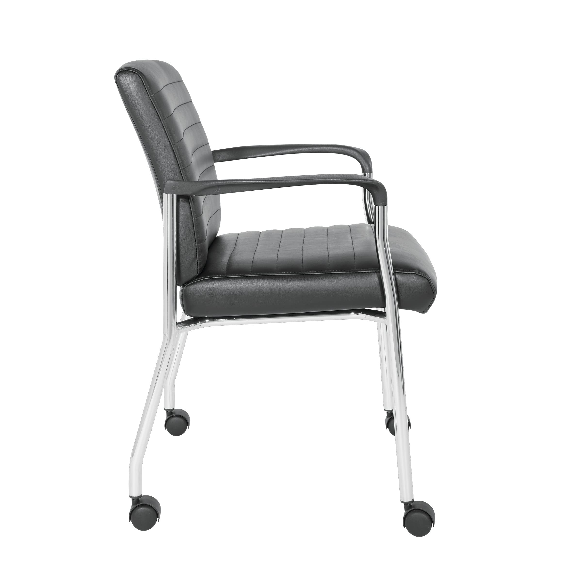 Office Star FL Series Faux Leather Padded Guest Chair with Built-in Lumbar Support & Casters - Black with Chrome Frame - Perfect for Home Office, Conference Rooms & Waiting Areas