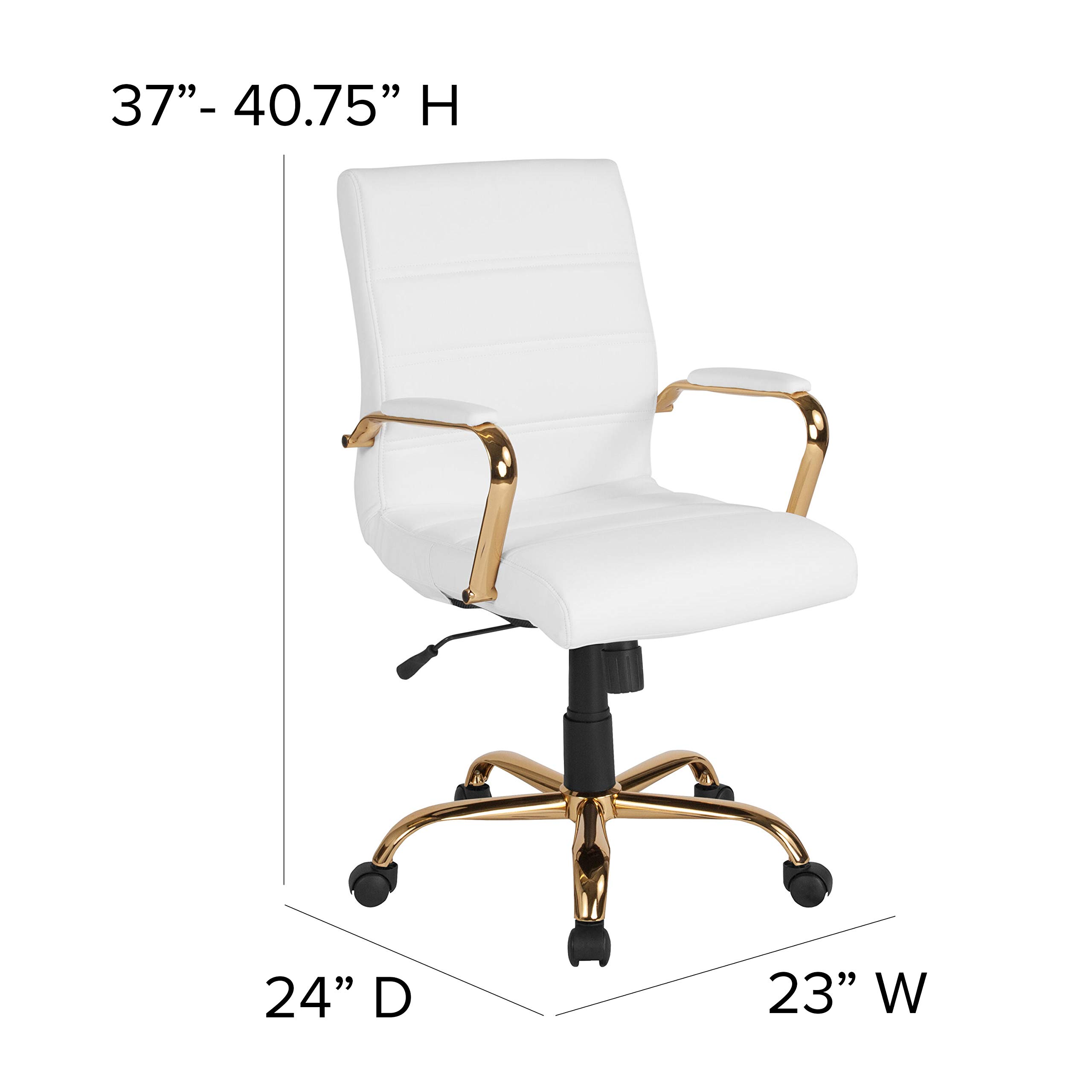 Flash Furniture Whitney Mid-Back Swivel LeatherSoft Office Chair with Padded Seat & Adjustable Height - Ergonomic Desk Chair with Armrests in White/Gold - Perfect for Home Office, Gaming & Workspace