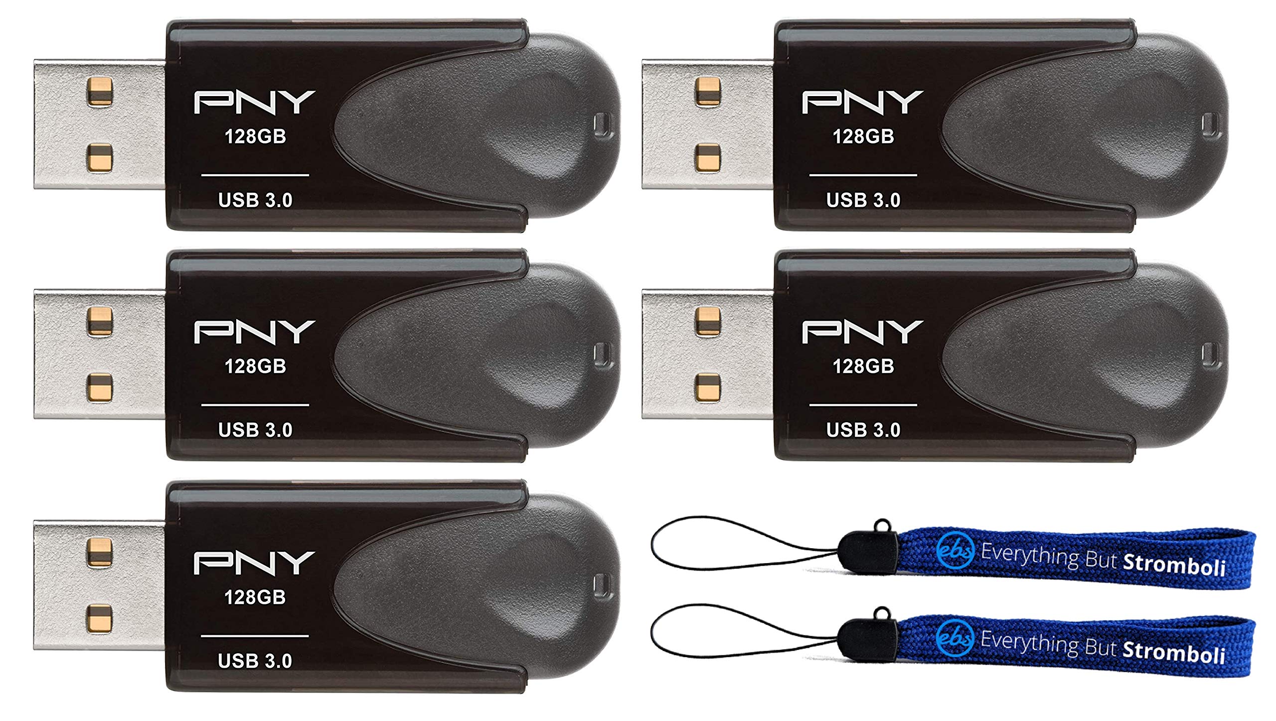 PNY 128GB USB 3.0 Flash Drive 5-Pack with Lanyards for Office & School