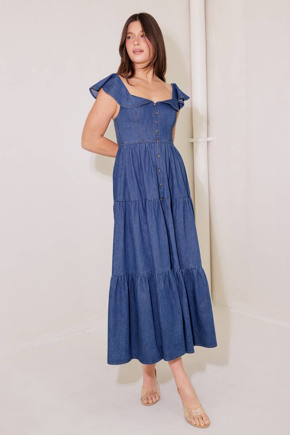 Once Upon a Time Denim Blue Midi Dress - Women's Casual Vintage Style Wrap Dress for Summer, Date Night & Office Wear