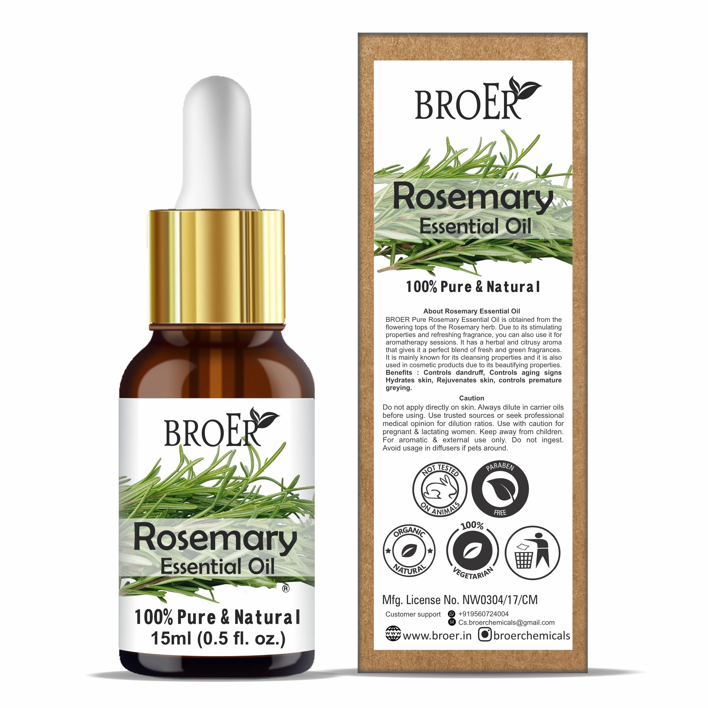 BROER Naturals 100% Pure Rosemary Essential Oil 15ml - Undiluted, Refreshing Aromatherapy Oil for Skin Care, Hair Growth & Relaxation | Vegan, Cruelty-Free | Perfect for Diffusers, Massage & DIY Beauty Products