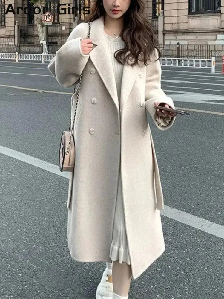 Women's Faux Wool Belted Double Breasted Long Coat - Notched Collar Full Sleeve Loose Fit Jacket for Autumn | Casual Outerwear for Work, Dating & Fall Fashion