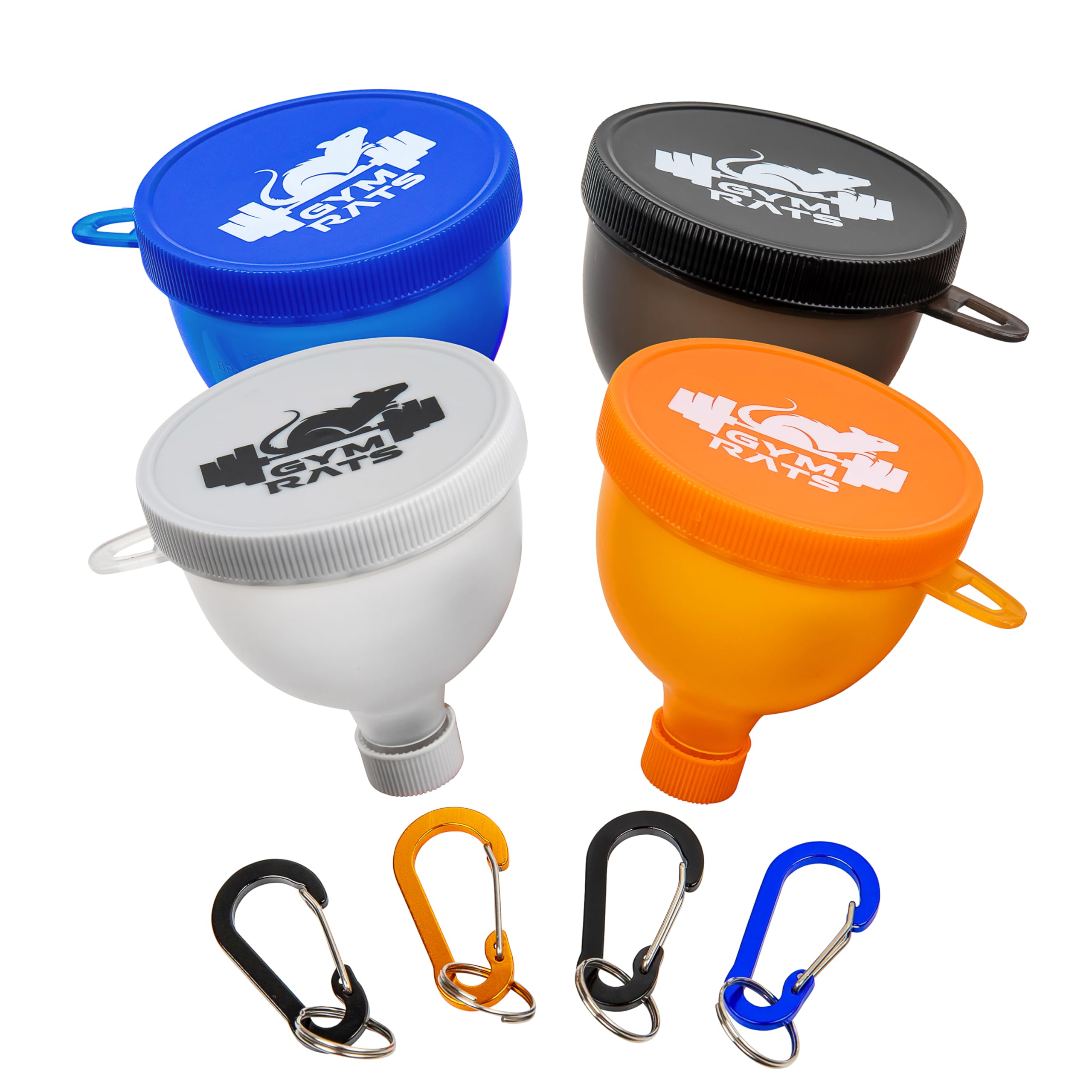 Premium Protein Powder Funnel with Carabiner Clip & Reinforced Lid - 4 Pack (BPA-Free, Fits Standard Water Bottles) - Perfect for Gym, Travel & Meal Prep