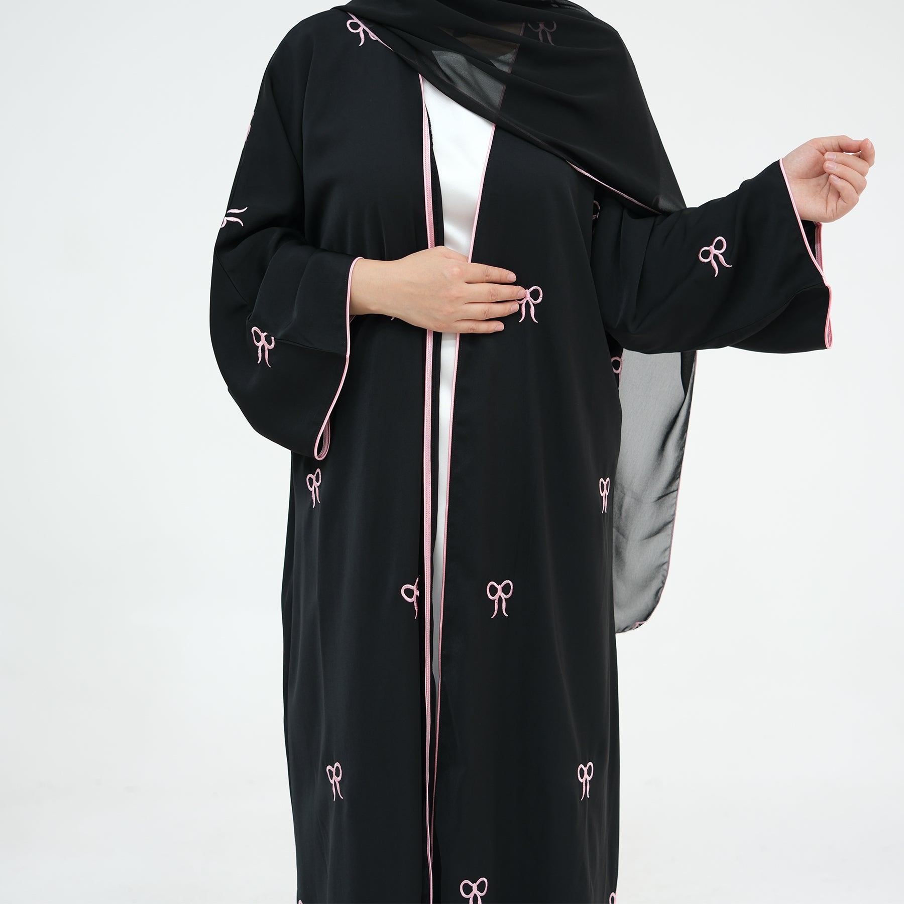 Elegant Iona Bowtie Open Abaya Kimono Set - Black | Modest Muslim Fashion for Women | Perfect for Prayer, Eid, and Special Occasions