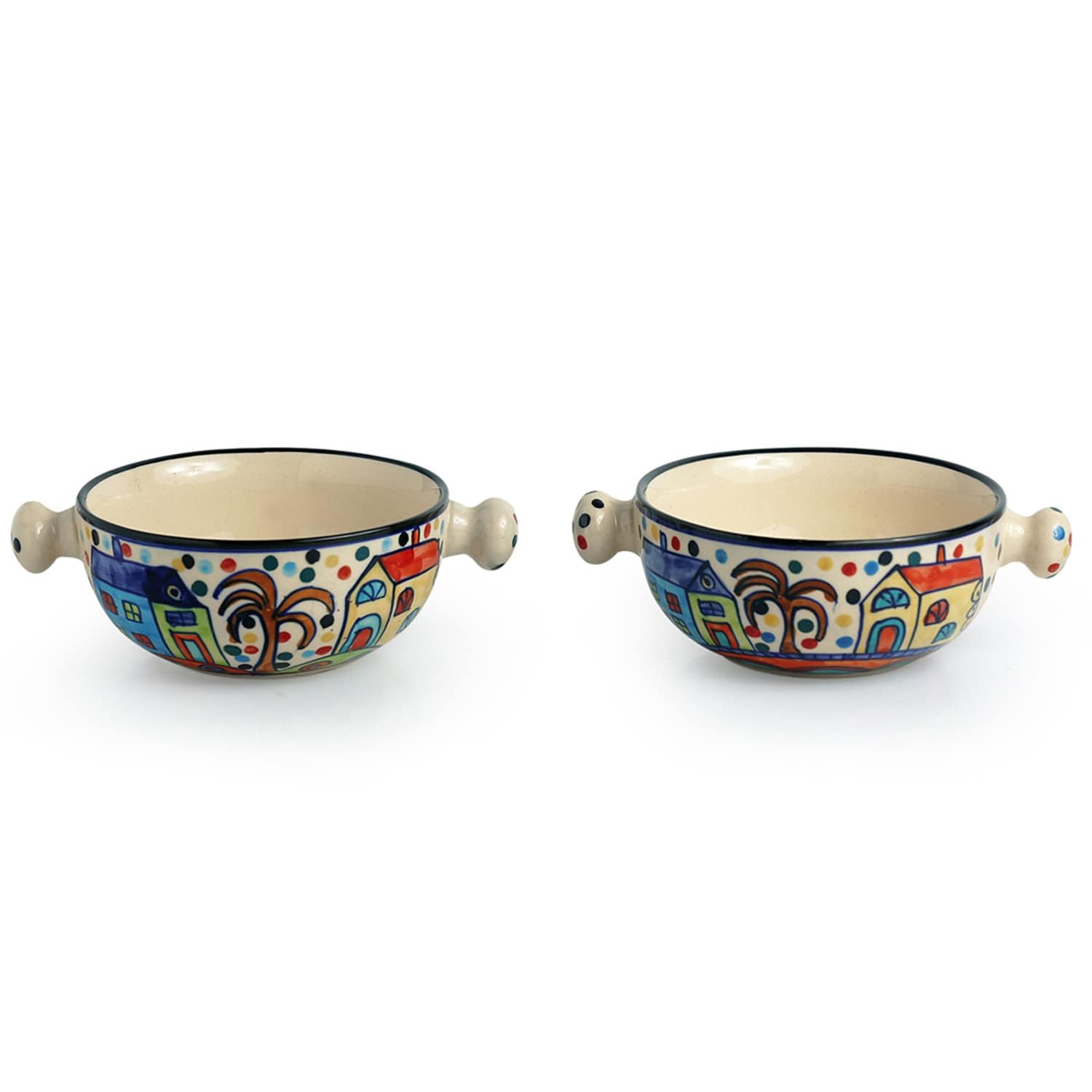 ExclusiveLane Ceramic Serving Bowls Set - 2 Piece 260ml Microwave Safe Handled Bowls for Snacks, Soup, Salad & Desserts | Colorful Kitchen & Dining Tableware for Home, Parties & Gifting