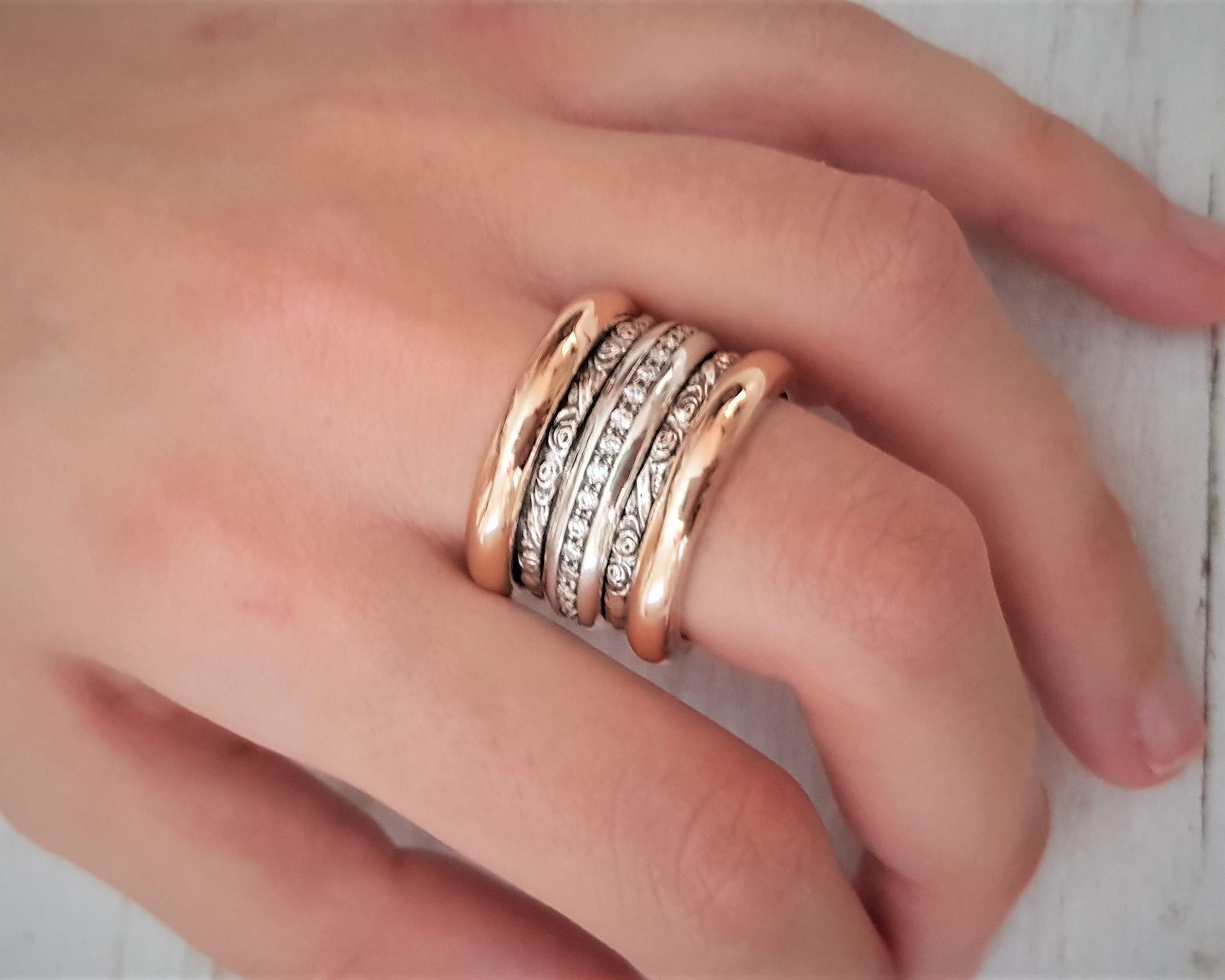 Rose Gold Spinner Ring for Women - 9K Gold & Silver Meditation Ring with Zircons, Wide Boho Wedding Band (Perfect for Stress Relief, Yoga, and Everyday Wear)
