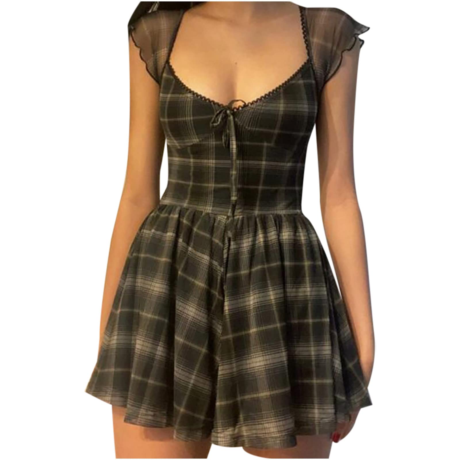 Women's Plaid Print Swing Dress - Slim Fit A-Line Mini Dress with Square Neck & Suspender Straps | Casual Outfit for Work, Date, Party & Everyday Wear