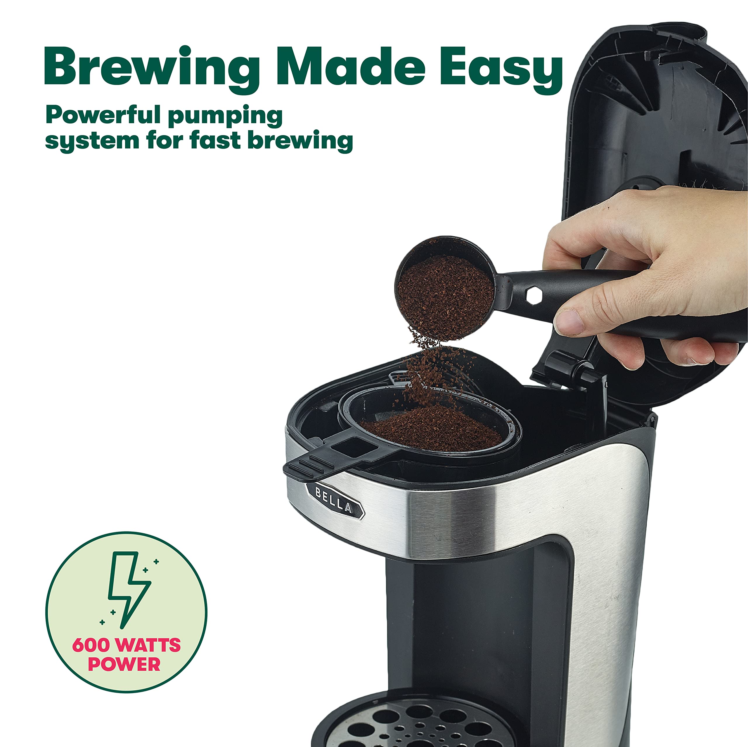 BELLA Single Serve Coffee Maker - One Scoop One Cup Brewer with Adjustable Drip Tray & Permanent Filter, Dishwasher Safe Stainless Steel - Perfect for Home, Office & Dorm Room Coffee Brewing