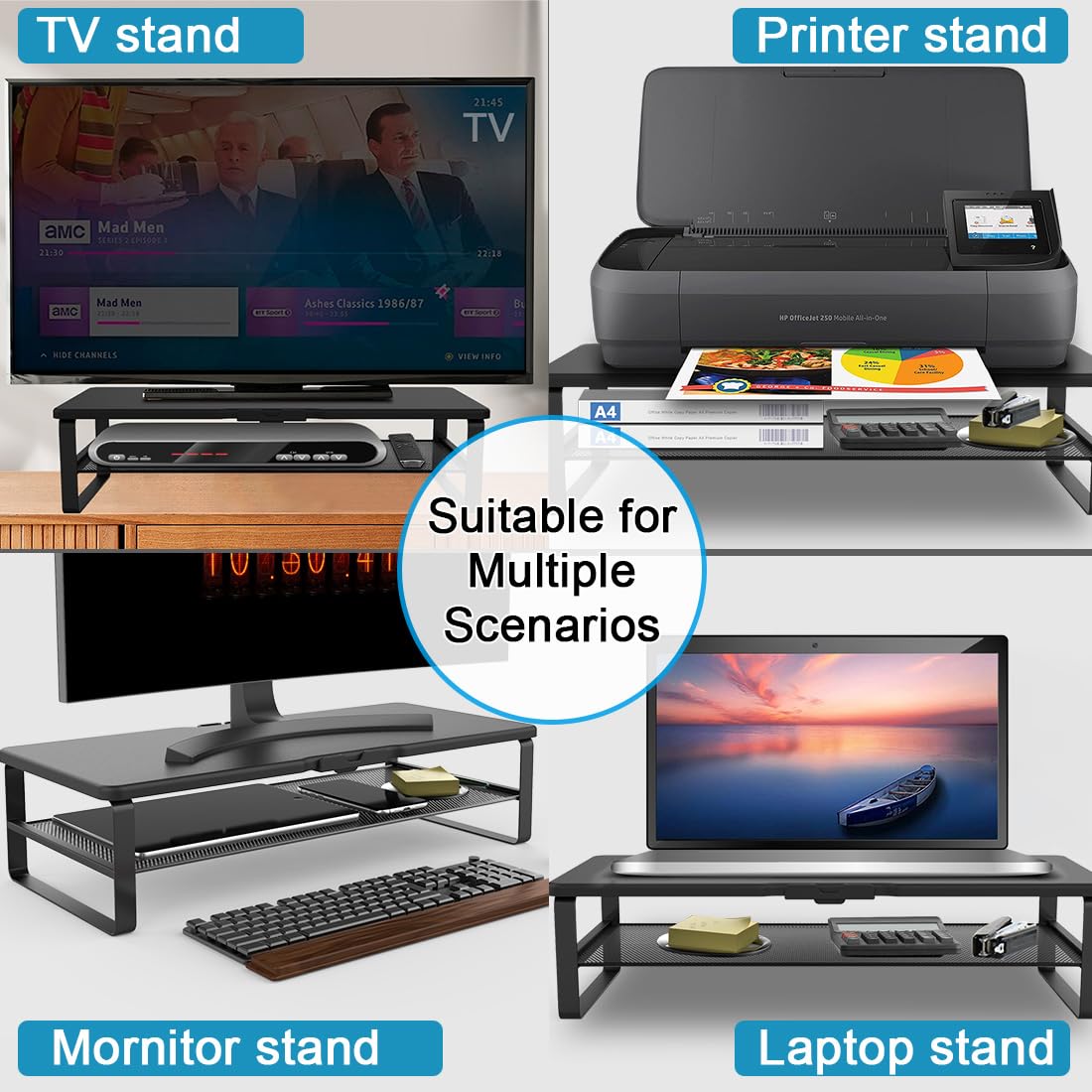 Doowiit 2-Tier Monitor Stand with Drawer, Phone Holder & Cable Management - Adjustable Desk Riser for Computer Monitor, Laptop, Printer | Home Office Organization Solution for Workspace & Gaming Setup (Black)