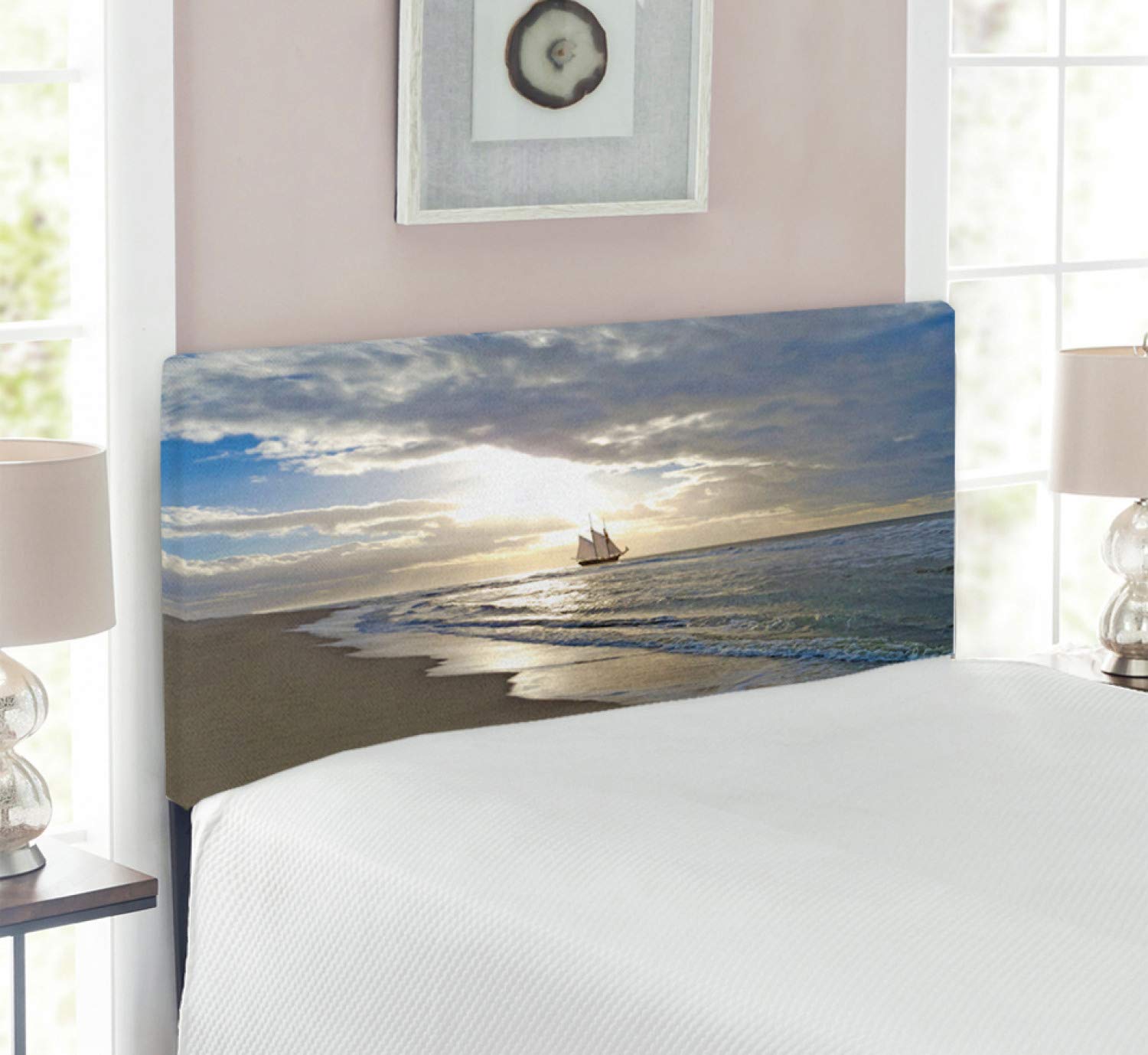 Ambesonne Nautical Twin Size Headboard - Sailing Ship Sunset Beach Design, Upholstered Metal Bed Frame with Memory Foam, Blue Beige White - Perfect for Coastal, Tropical & Beach Themed Bedrooms