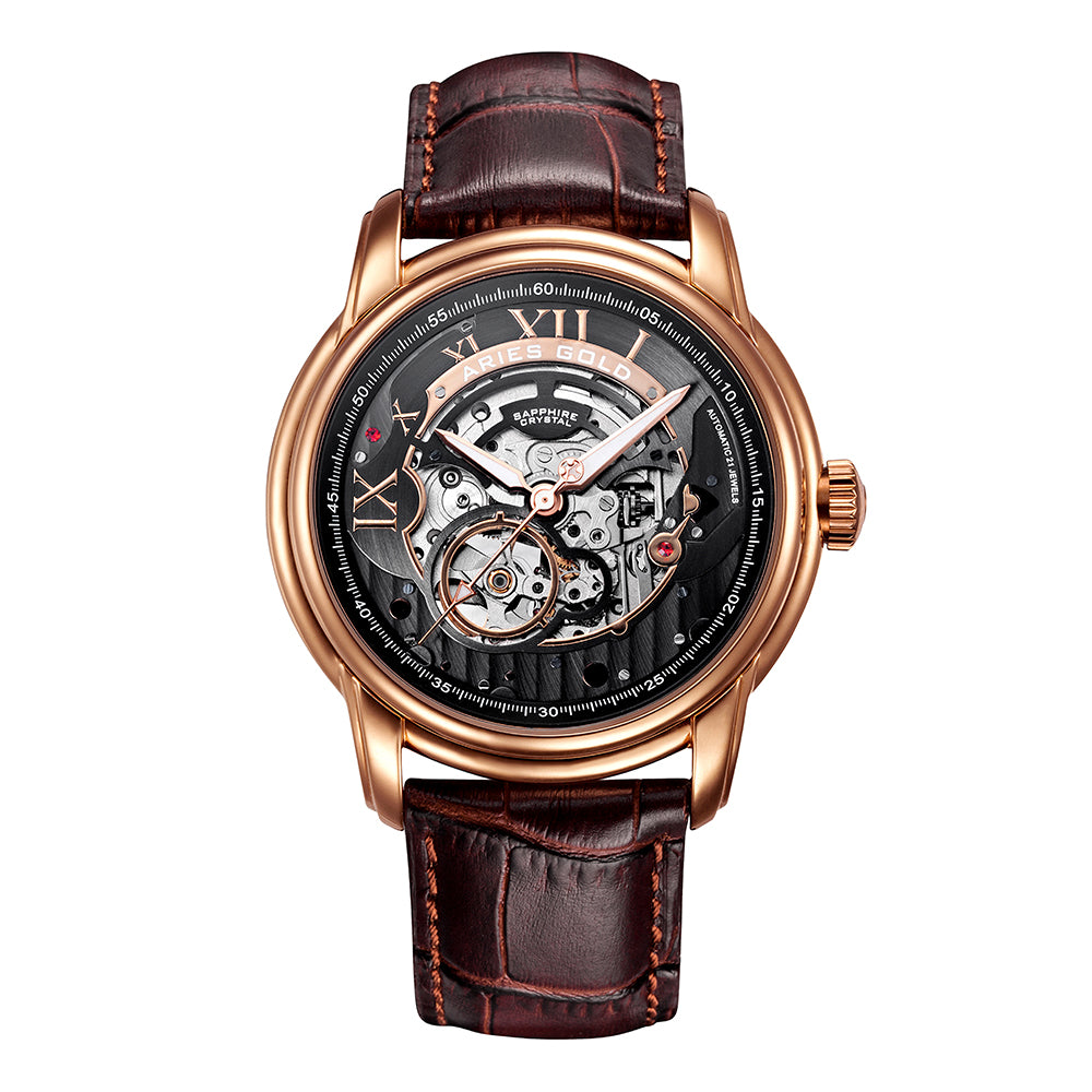 ARIES GOLD Automatic Infinum El Toro Men's Watch - Stainless Steel Case, Brown Leather Strap, Water Resistant - Perfect for Business, Casual & Formal Occasions