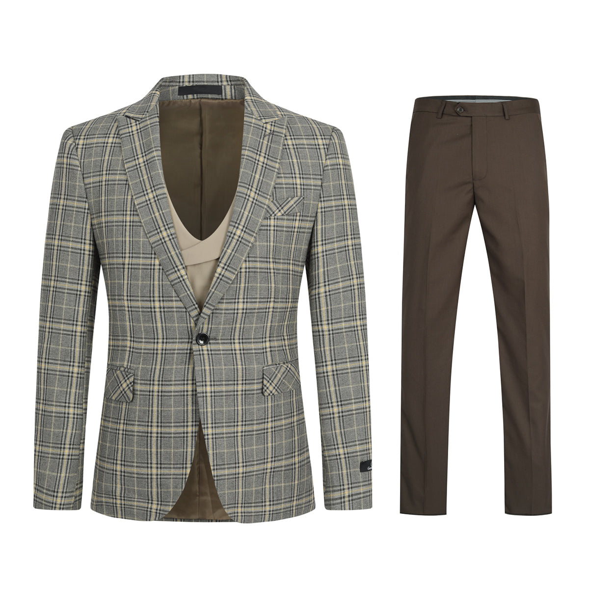 3 Piece Plaid Suit for Men - Khaki Checkered Business Formal Attire - Perfect for Weddings, Office & Special Occasions
