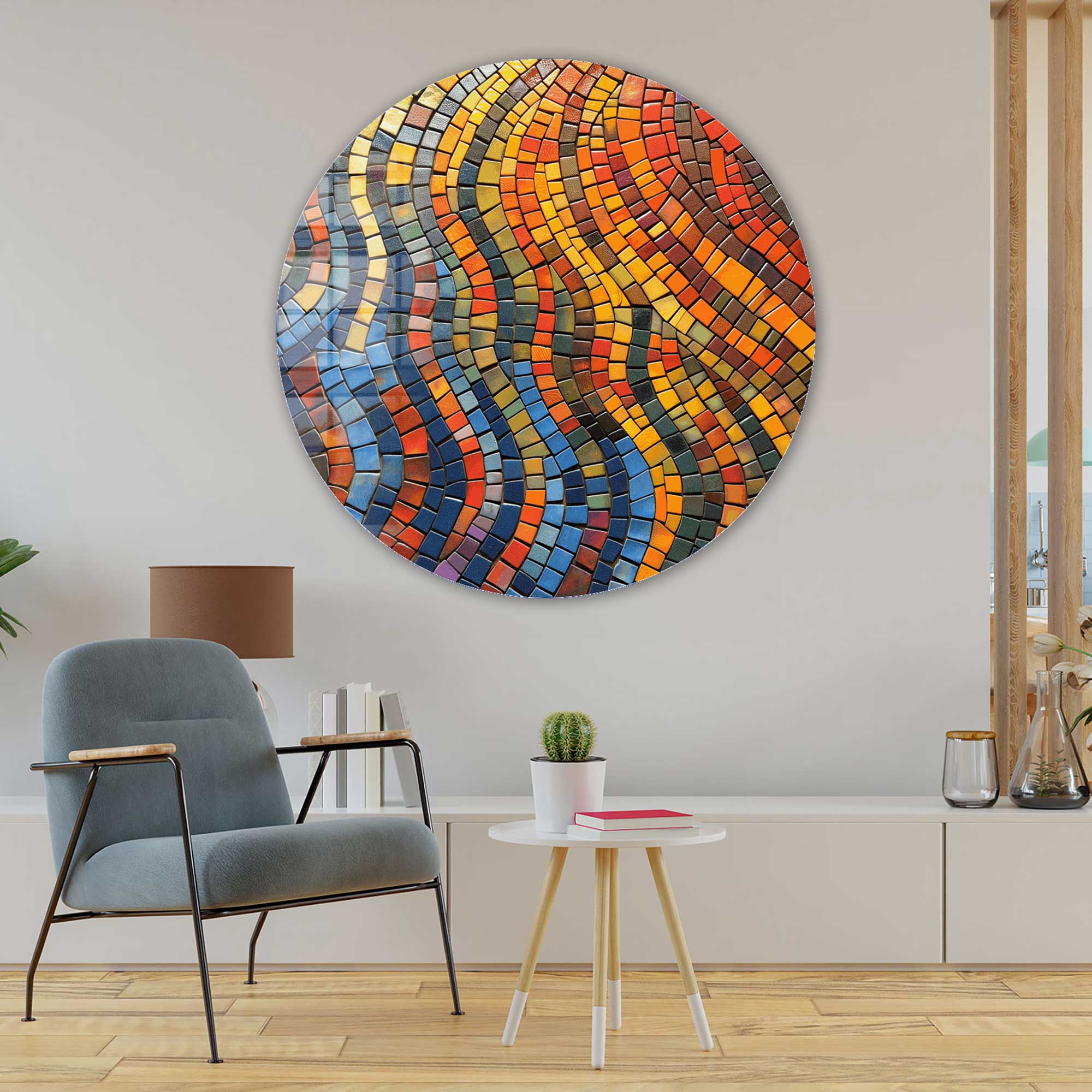 Modern Mosaic Circles Rounded Glass Wall Art - Handmade Home Decor for Living Room, Bedroom & Office