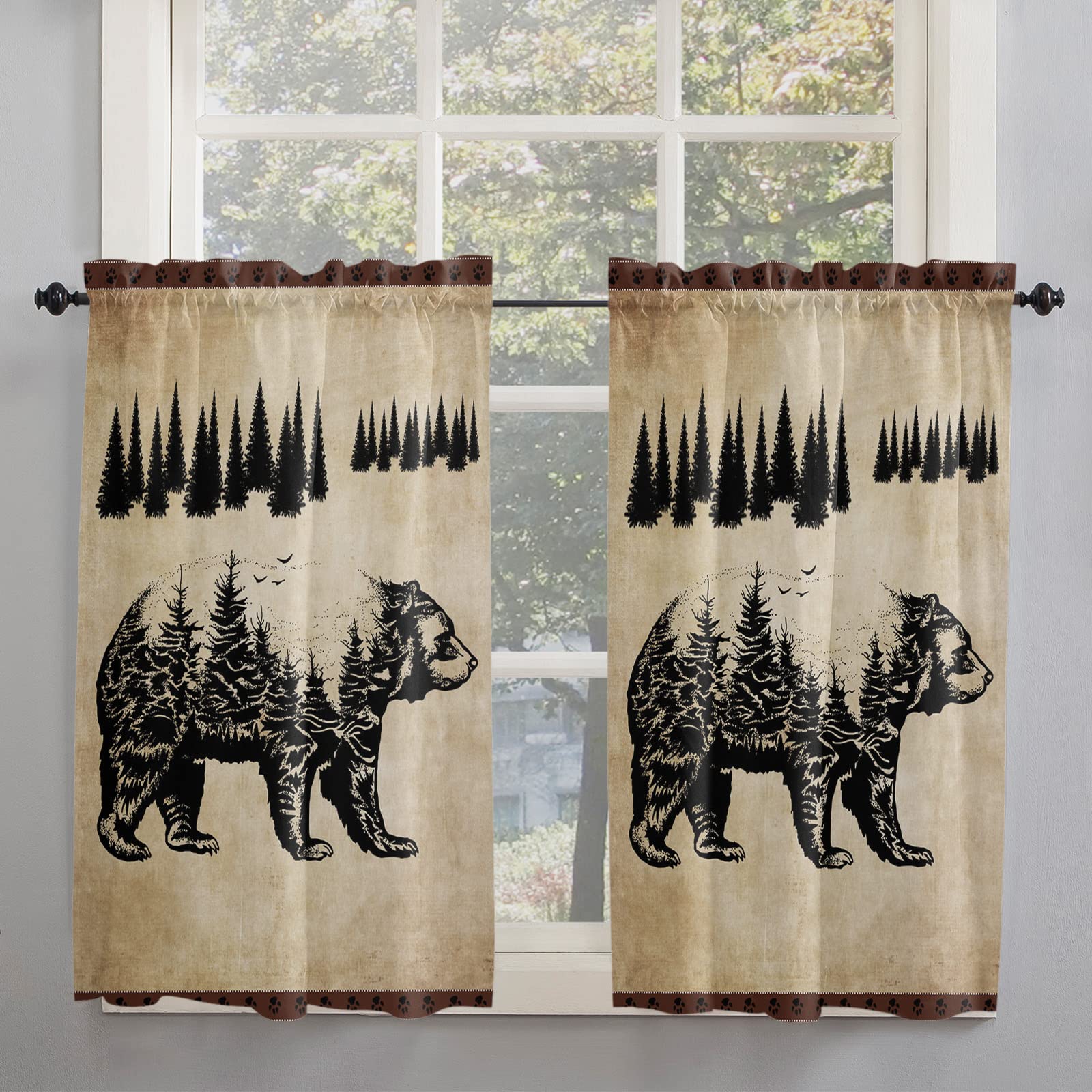 Farmhouse Kitchen Curtains 45 Inch Length - Bear & Pine Tree Silhouette Pattern Window Drapes, Rod Pocket Cafe Curtains for Bedroom & Living Room (2 Panels) - Perfect for Rustic Cabin, Lodge & Cozy Home Decor