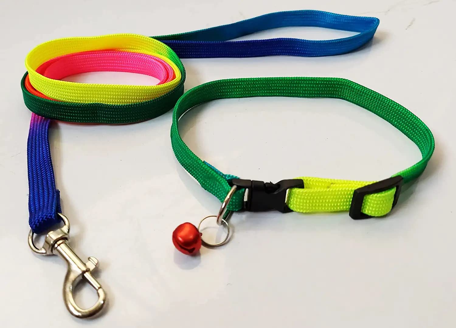 **Rainbow Adjustable Dog Collar & Leash Set with Bell - for Small, Medium Dogs & Puppies (7-12 Inch Neck) - Durable Pet Accessories for Walking, Training & Outdoor Adventures**