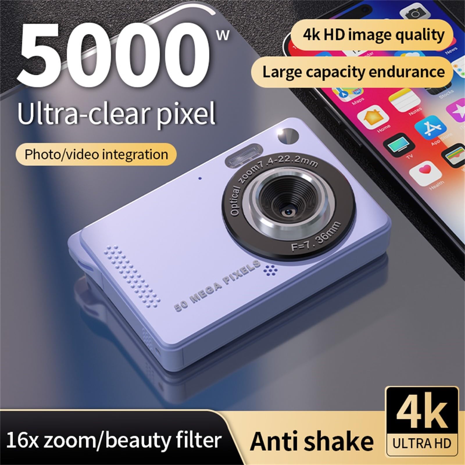 44MP 1080P FHD Digital Camera with 16X Zoom & 32GB Card - Rechargeable Compact Camera for Kids, Adults, Teens & Beginners (Purple) - Perfect for Travel, School Projects, Vlogging & Everyday Photography