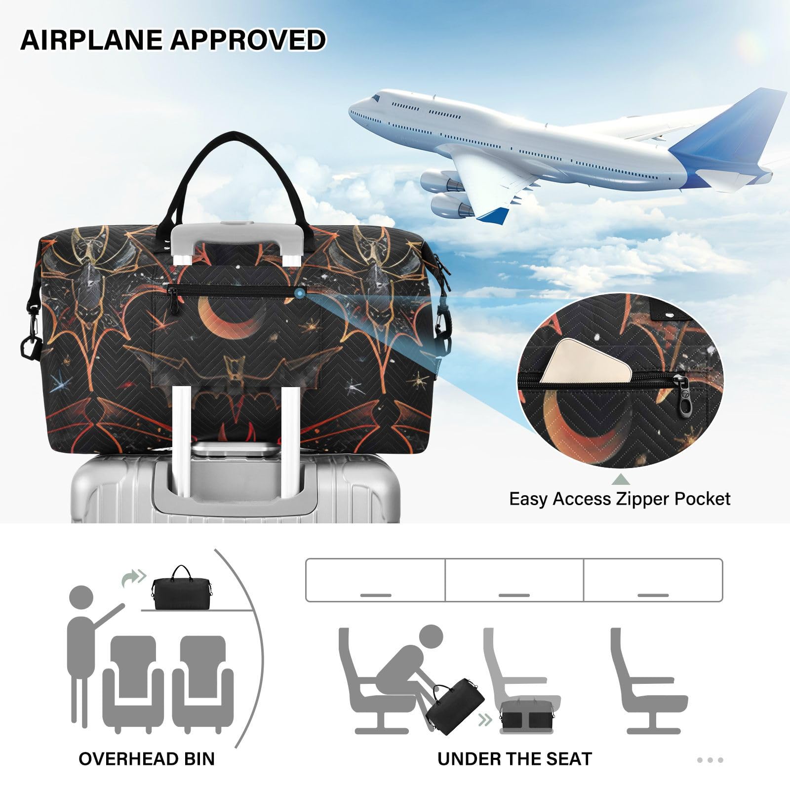 Gothic Bat Print Weekender Duffle Bag for Women - Gym, Swim & Travel Tote with Detachable Toiletry Pouch | Perfect for Workouts, Beach Trips & Weekend Getaways