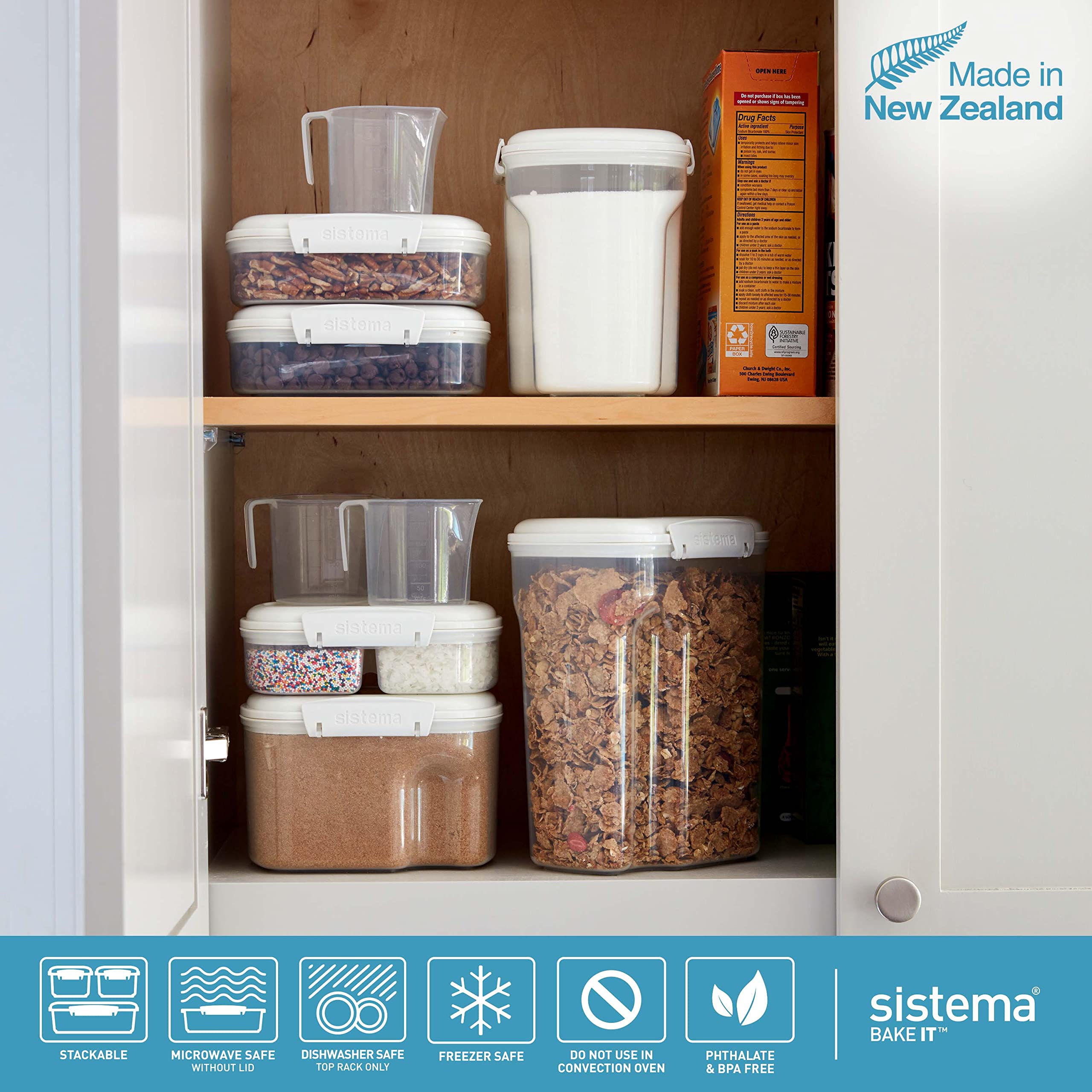 Sistema Klip It Flour and Sugar Storage Containers - 10.2 Cup Airtight Food Storage with Lids & Measuring Cup - BPA Free, Dishwasher Safe Kitchen Organization for Pantry, Baking Supplies, Coffee, Rice & Dry Goods (White) - Perfect for Home Baking, Meal Prep & Kitchen Storage